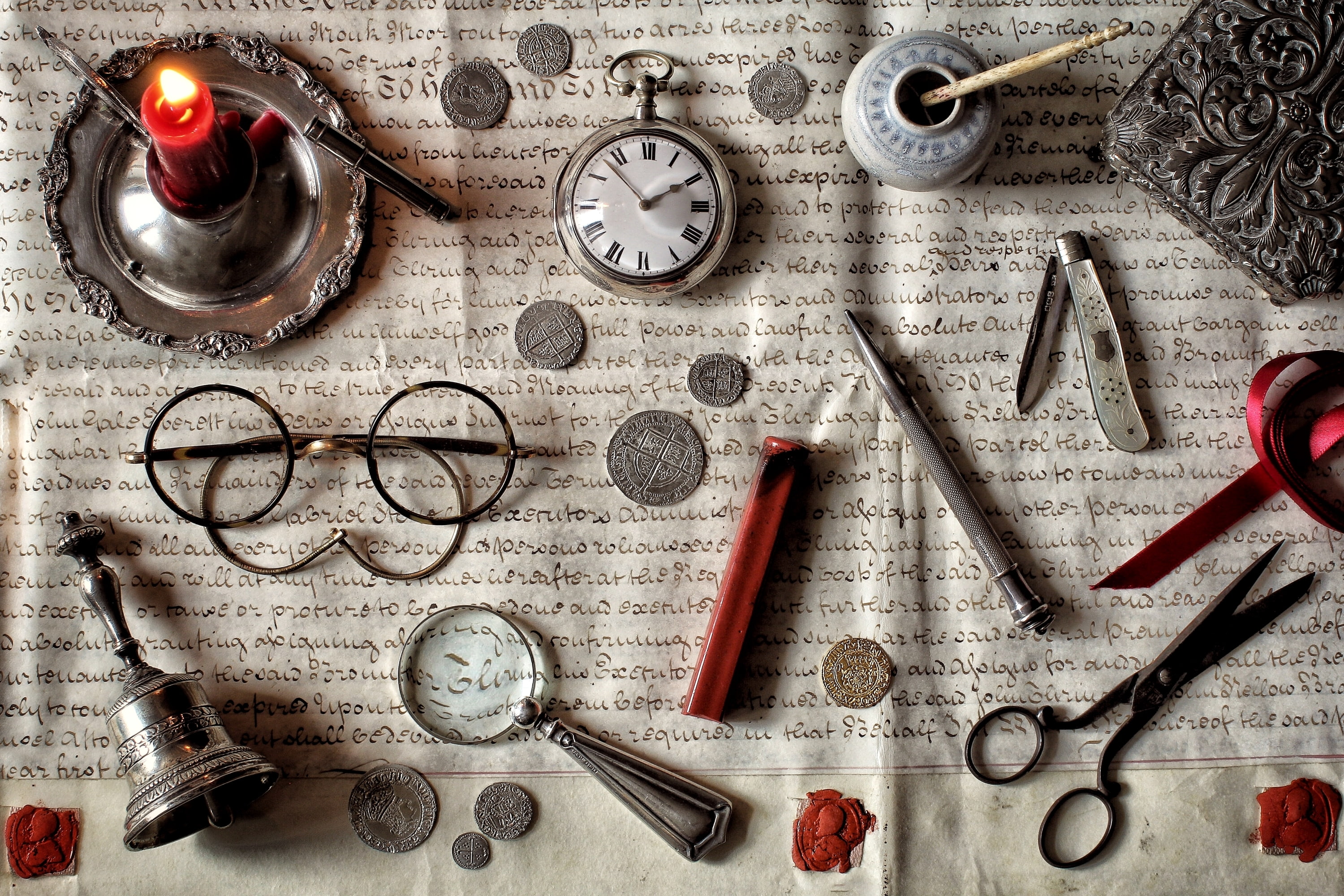 still life, 2K, magnifier, bell, glasses, coins, scissors, letter, knife, candle, watch, HD Wallpaper