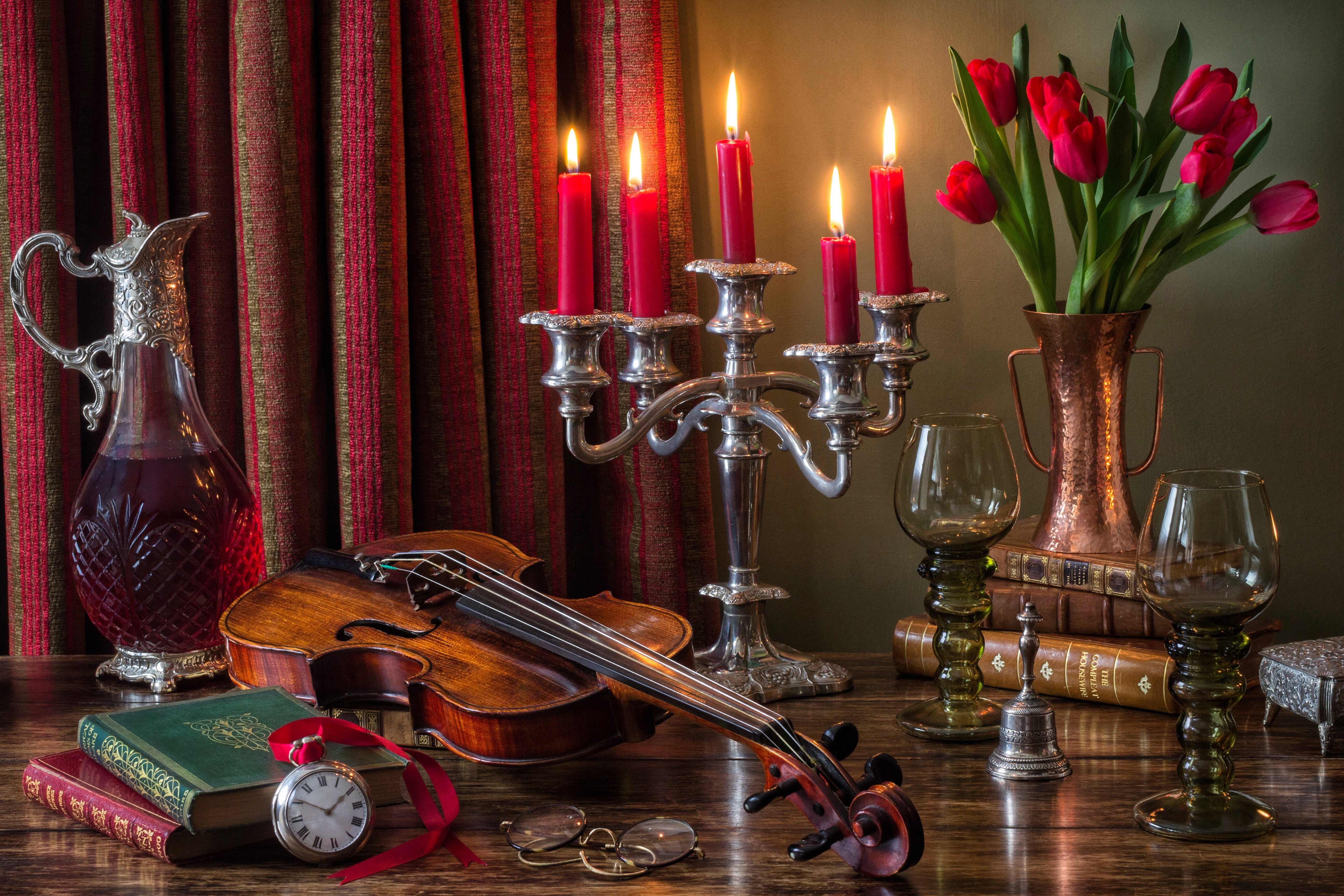 books, candle holder, flowers, violin, glasses, watch, candles, chandelier, decanter, tulips, 5K, still life, style, wine, HD Wallpaper