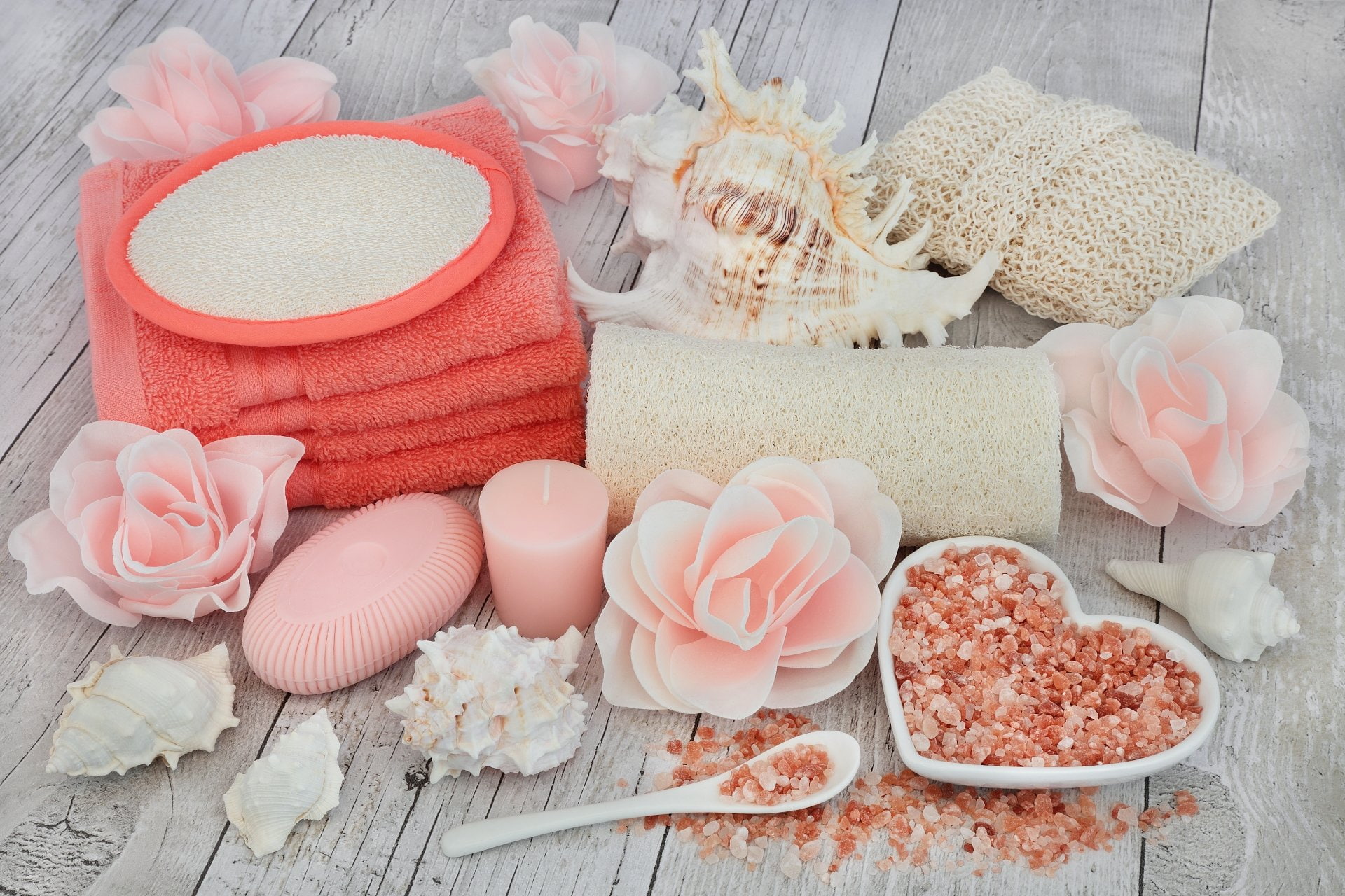 Flower, Spa, 1080P, Candle, Bath, Man Made, Shell, Still Life, Salt, HD Wallpaper