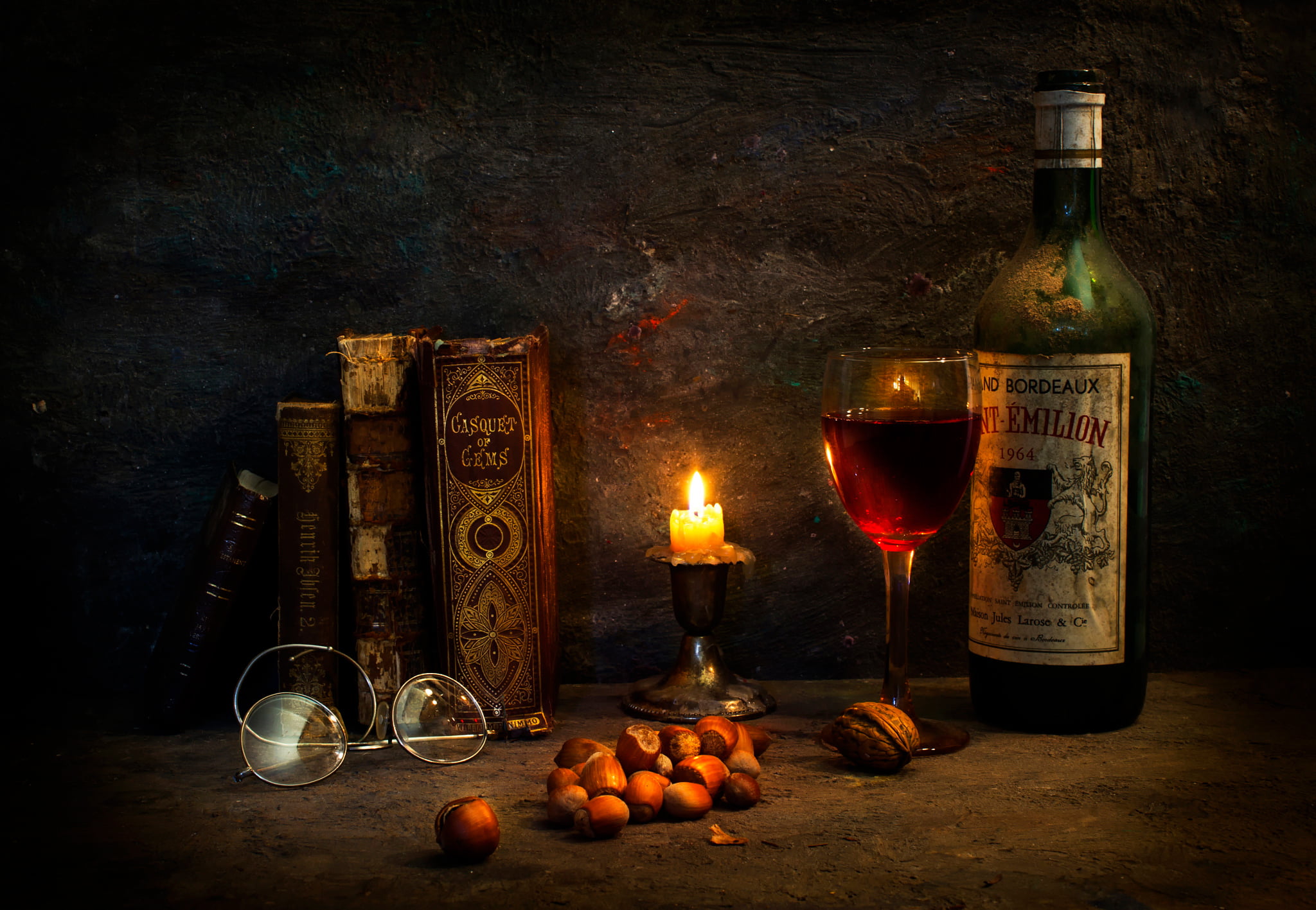 fire, wine bottle, glasses, food, frames, eyeglasses, food and drink, burning, indoors, refreshment, household equipment, A special occasion, alcohol, books, HD Wallpaper