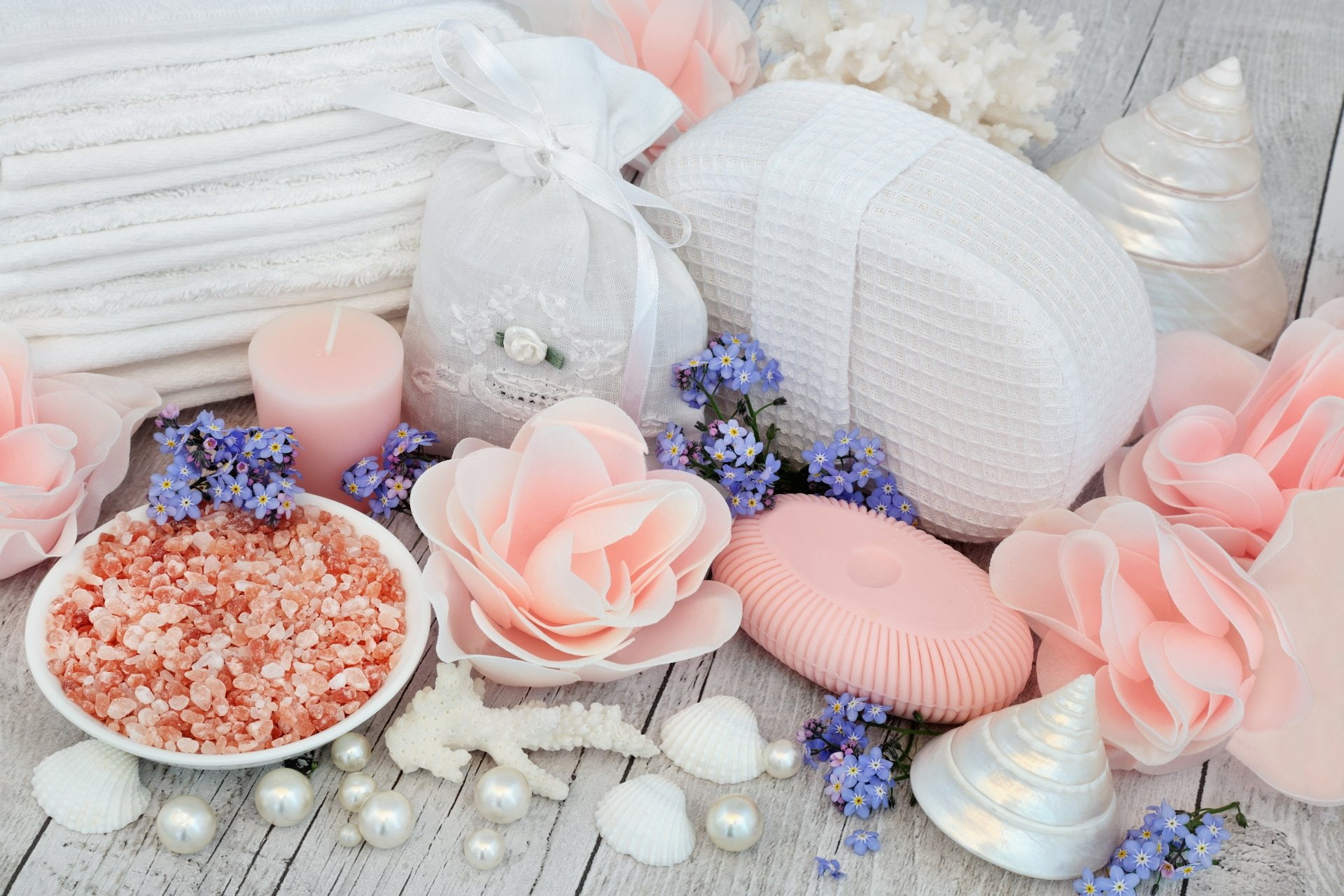 Salt, Man Made, Spa, Bath, Shell, Flower, Candle, Still Life, 1080P, HD Wallpaper