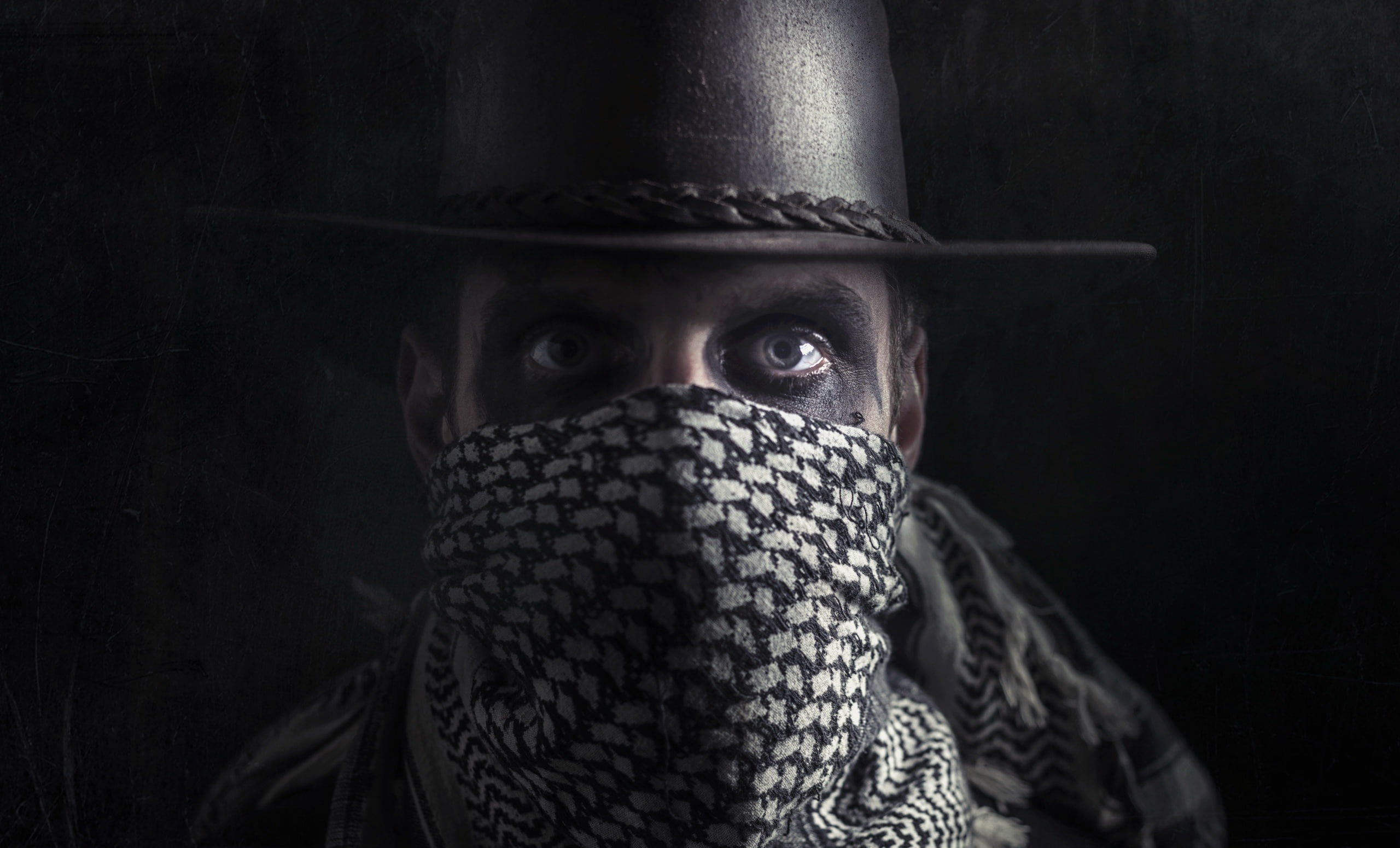 looking at camera, bandanas, evil, portrait, spooky, hood - clothing, human face, eye, horror, mask, men, fear, headshot, front view, 2K, one person, dark, HD Wallpaper