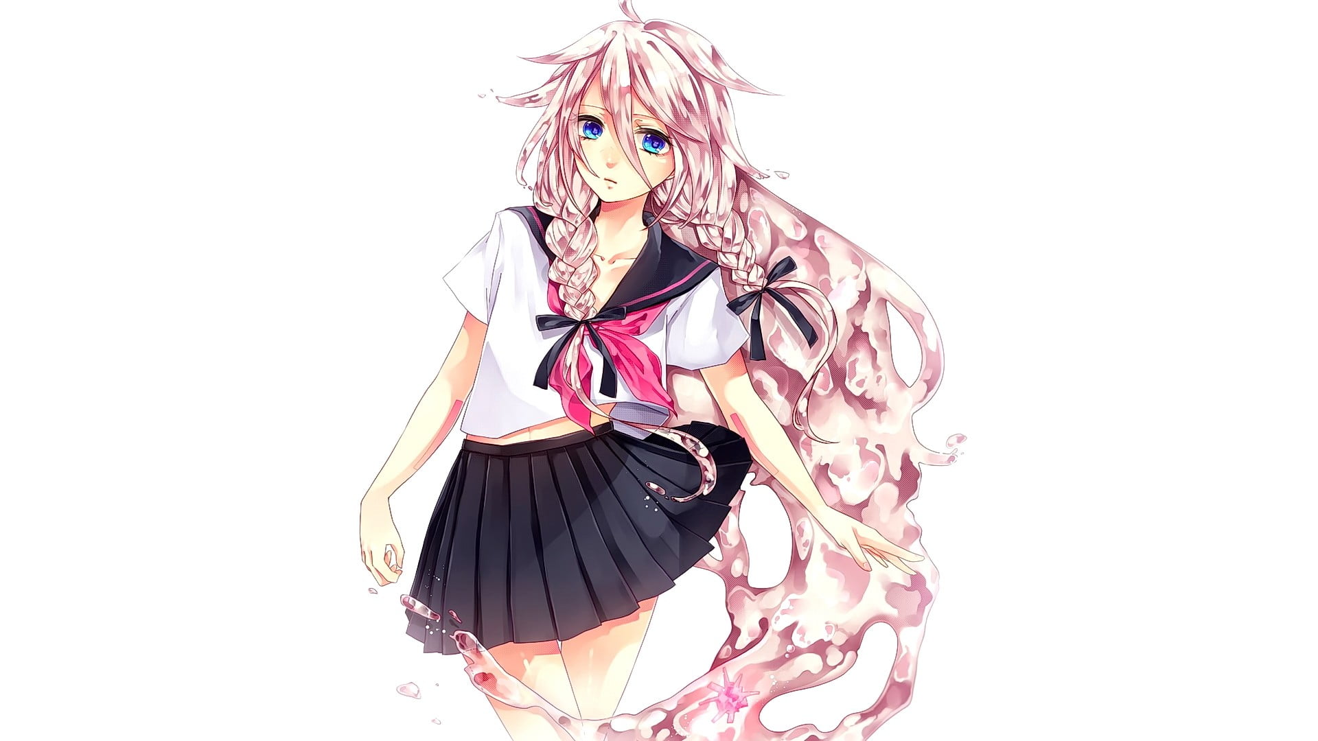 young adult, one person, fashion, sadness, ribbon, blue eyes, standing, looking at viewer, portrait, hair, 1080P, studio shot, Vocaloid, pink hair, copy space, HD Wallpaper