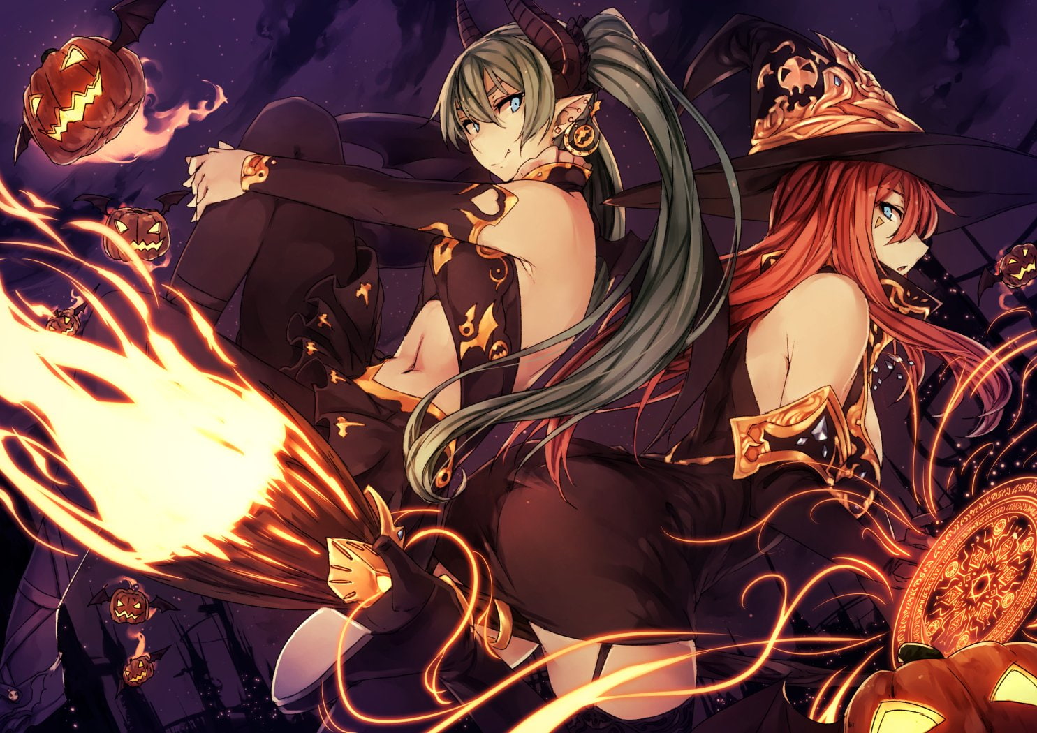 witch, dress, long, blue, hair, wings, hat, twintails, horns, halloween, girls, vocaloid, red, pumpkin, eyes, navel, fire, 720P, stockings, animal, bat, HD Wallpaper
