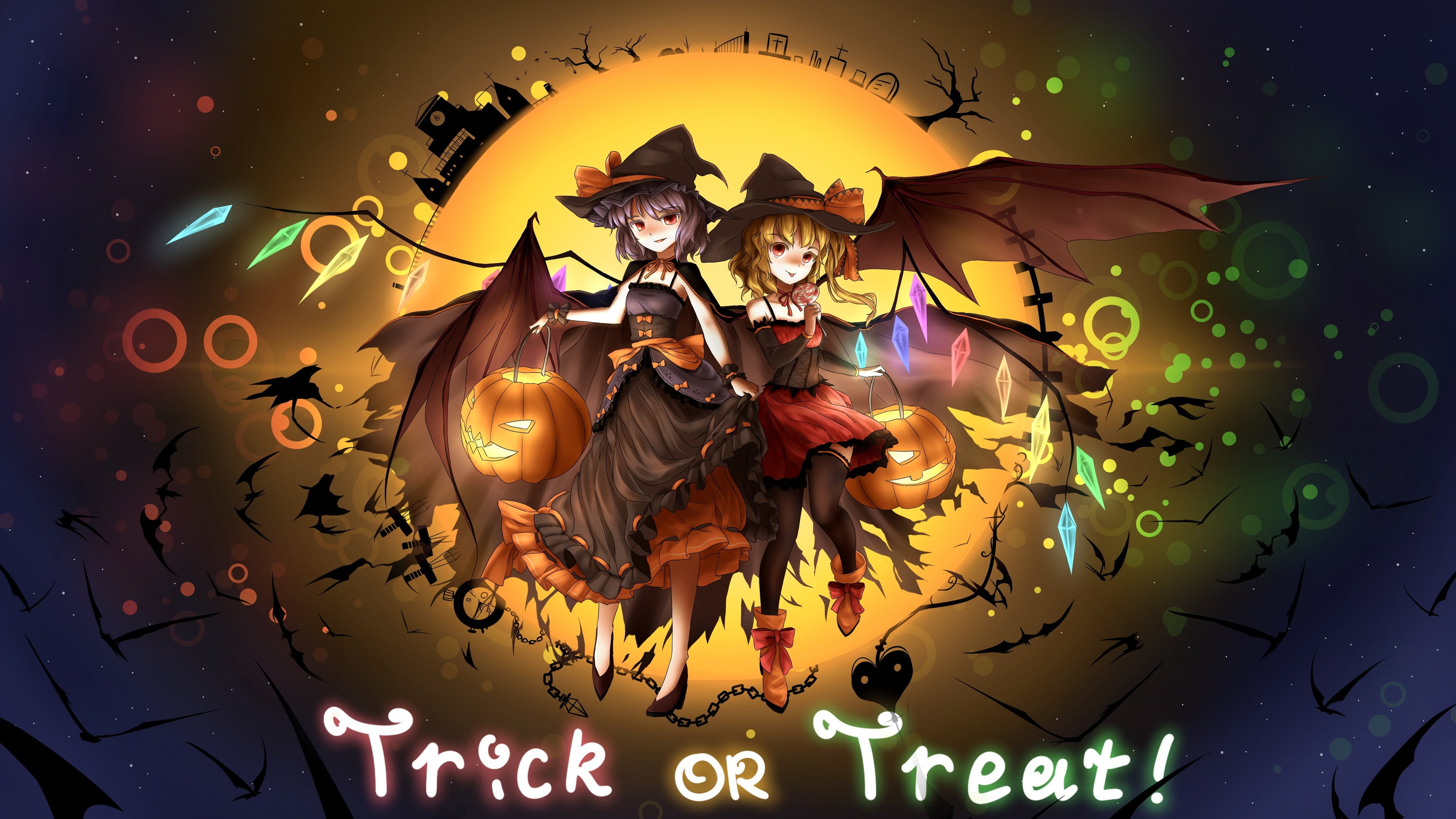 red, lollipop, pumpkin, halloween, bow, eyes, remilia, blonde, bat, candy, 4K, moon, witch, boots, wings, blue, animal, minust, touhou, hair, hat, scarlet, HD Wallpaper