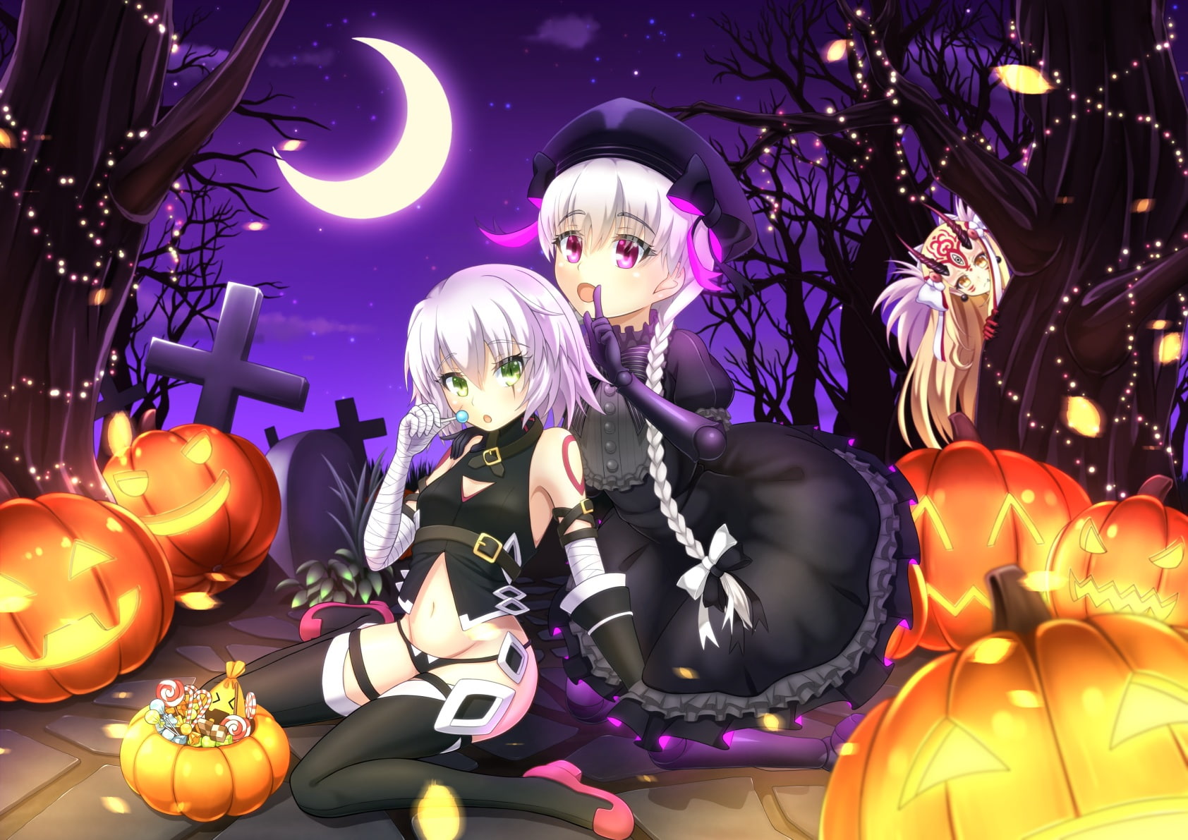 bow, moon, tree, eyes, halloween, tattoo, hat, 720P, candy, night, pumpkin, konachan, hair, pink, ponytail, food, 256945, gloves, goth-loli, extra, sky, HD Wallpaper