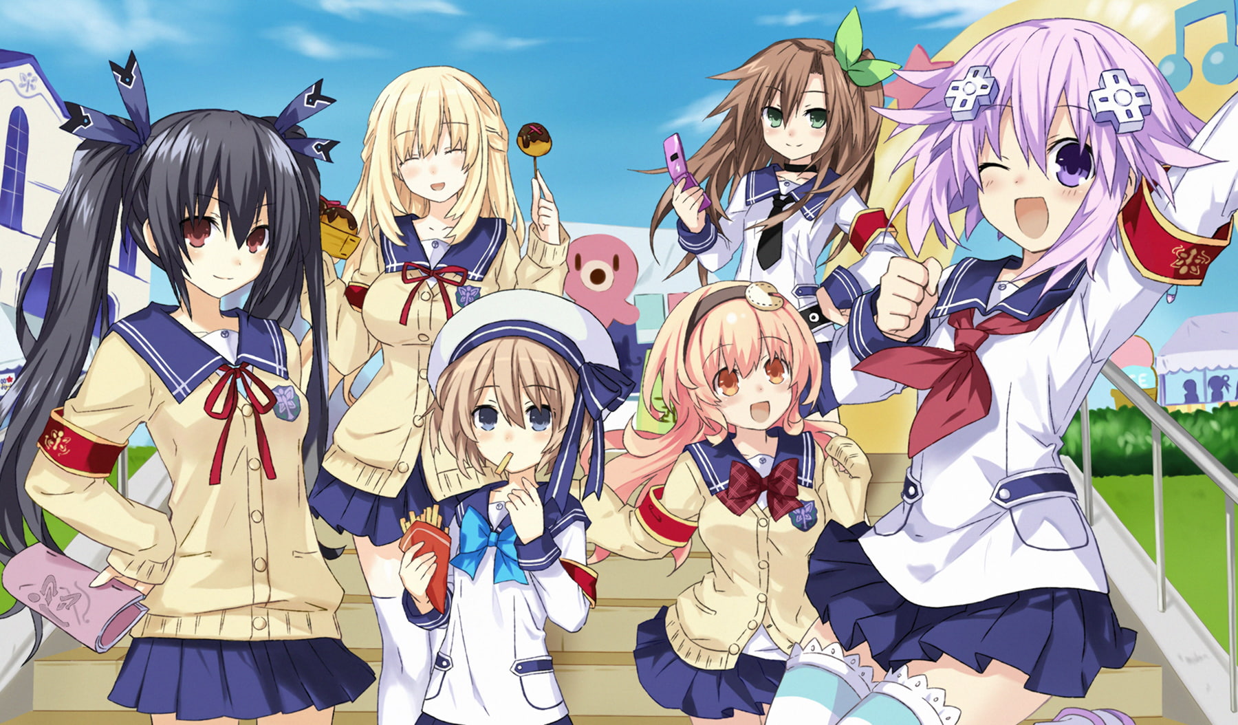 seifuku, tie, bow, music, noire, dango, group, compa, vert, blanc, phone, tsunako, nepgear, hat, 720P, wink, stars, sky, collar, clouds, paper, skirt, HD Wallpaper