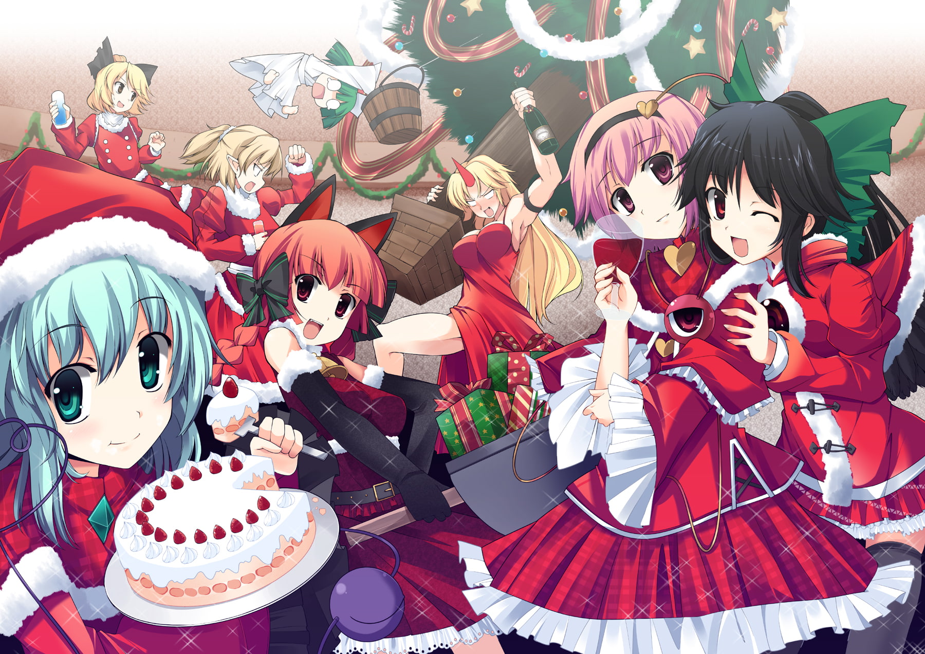 long, ribbons, aqua, eyes, tree, kisume, food, blush, bow, pink, dress, hair, hat, 720P, touhou, red, horns, wings, fujy, stars, gloves, christmas, HD Wallpaper