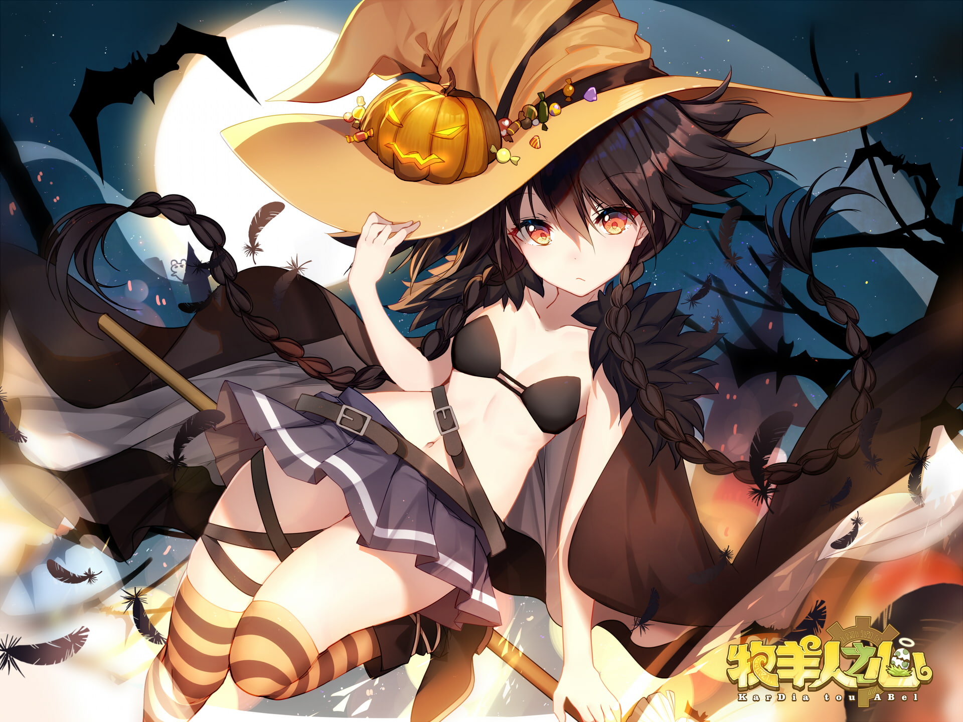 konachan, food, candy, sky, stars, witch, tree, animal, skirt, com, braids, bat, kneehighs, night, boots, hat, feathers, halloween, 1080P, pumpkin, 253371, HD Wallpaper