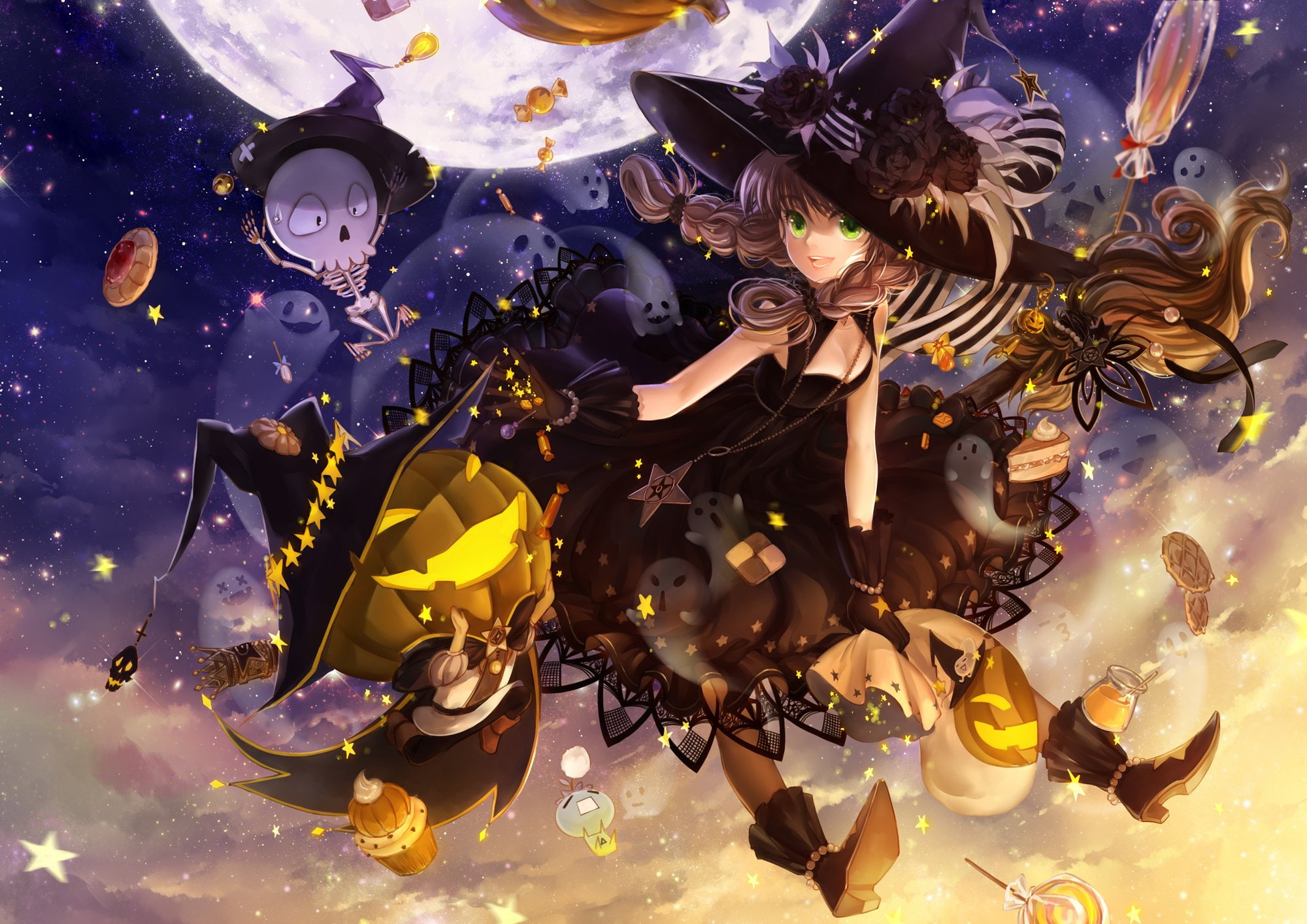 dress, stars, hair, hat, skull, braids, candy, cross, pumpkin, necklace, gloves, food, original, 1080P, witch, long, halloween, night, huazha01, moon, HD Wallpaper