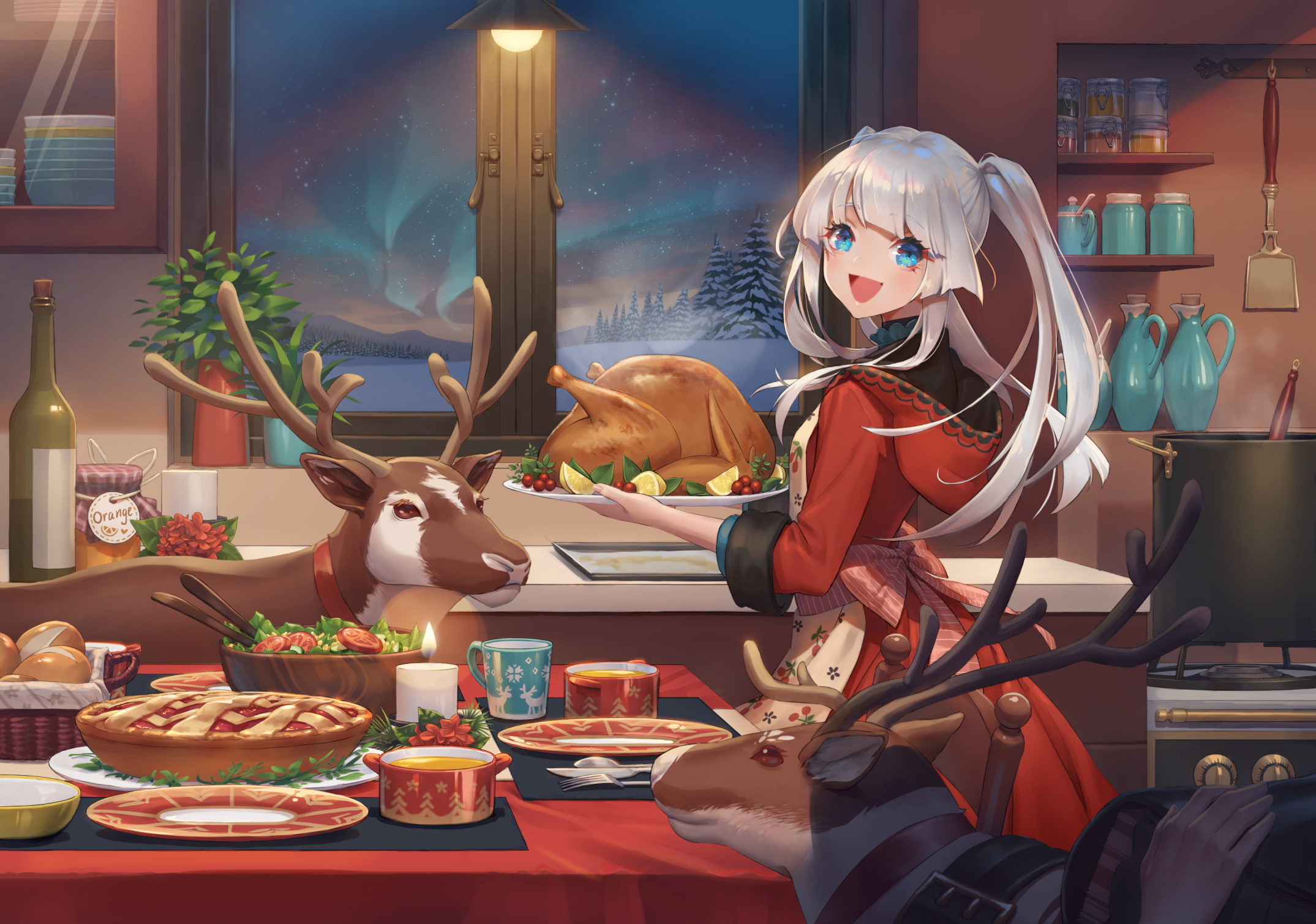 257171, reindeer, fruit, eyes, snow, aqua, tree, original, bow, sky, com, flowers, 1080P, twintails, hoodie, karesuki, food, horns, stars, animal, hair, HD Wallpaper