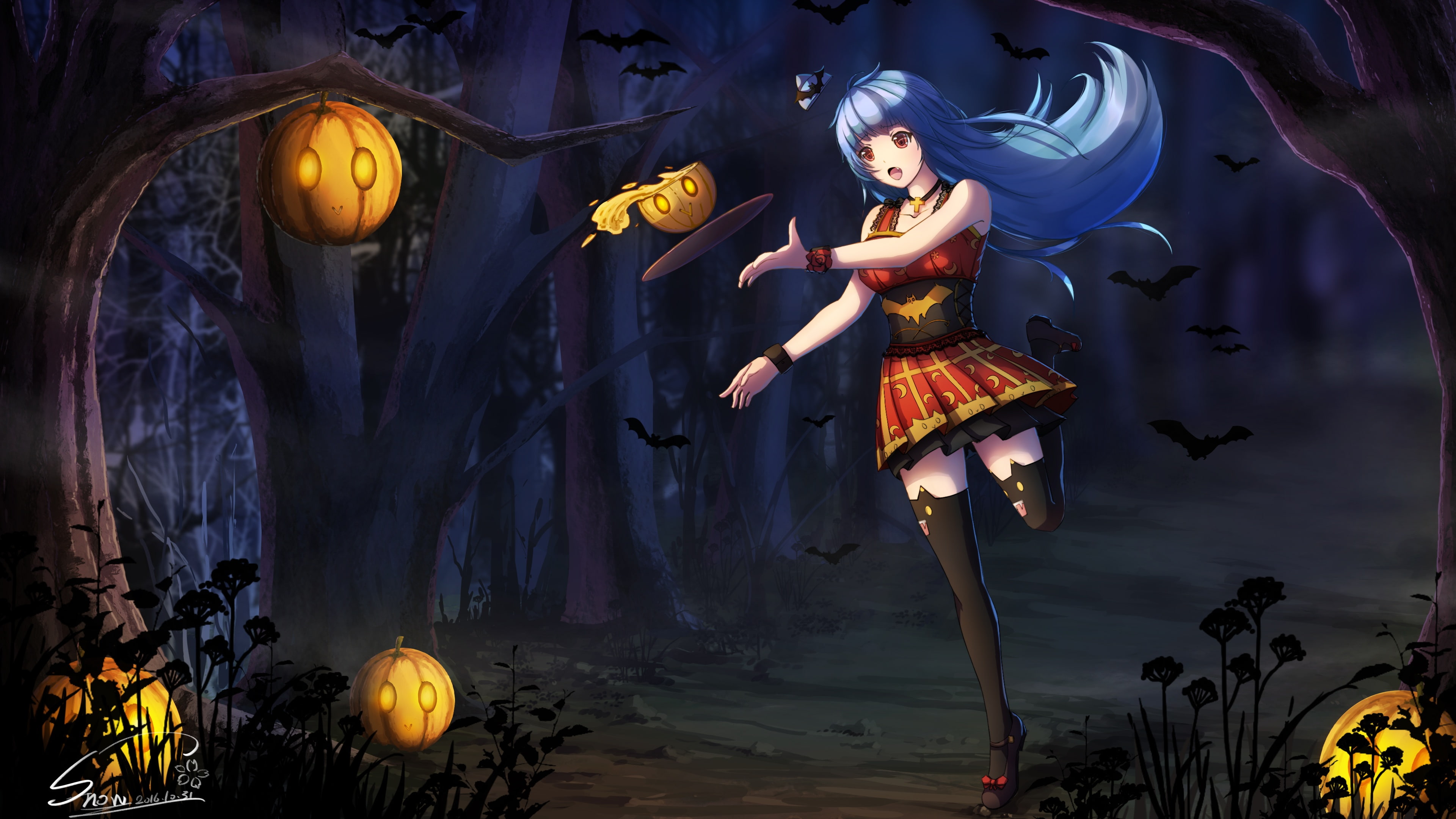 244010, cross, quincy, bat, eyes, tree, (12065805), thighhighs, 4K, com, zhanjian, snow, forest, pumpkin, halloween, hair, signed, necklace, red, aqua, HD Wallpaper