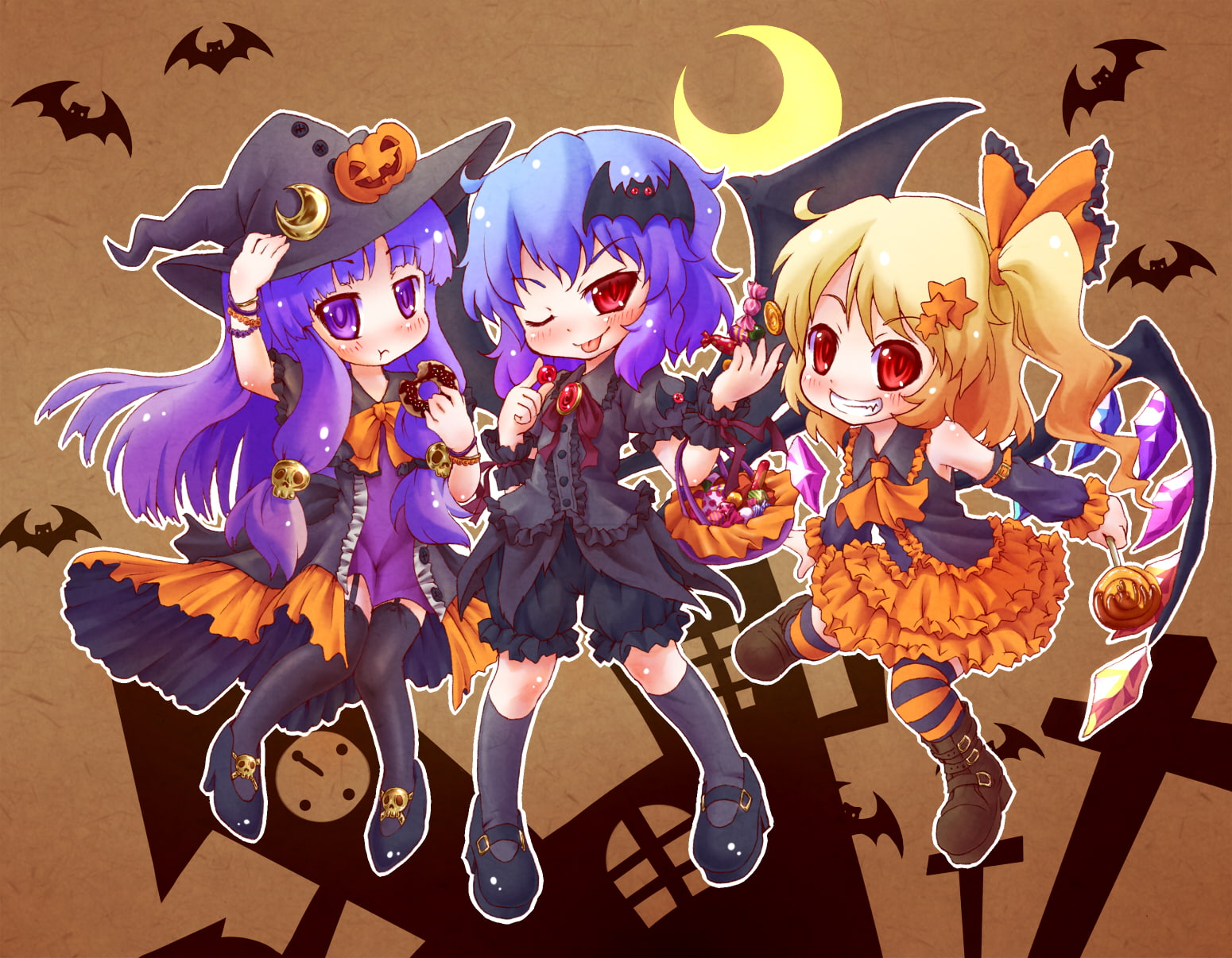 arinu, long, ponytail, red, moon, touhou, witch, food, blush, halloween, wink, 720P, wings, kneehighs, bat, hair, bow, dress, hat, lollipop, candy, boots, HD Wallpaper