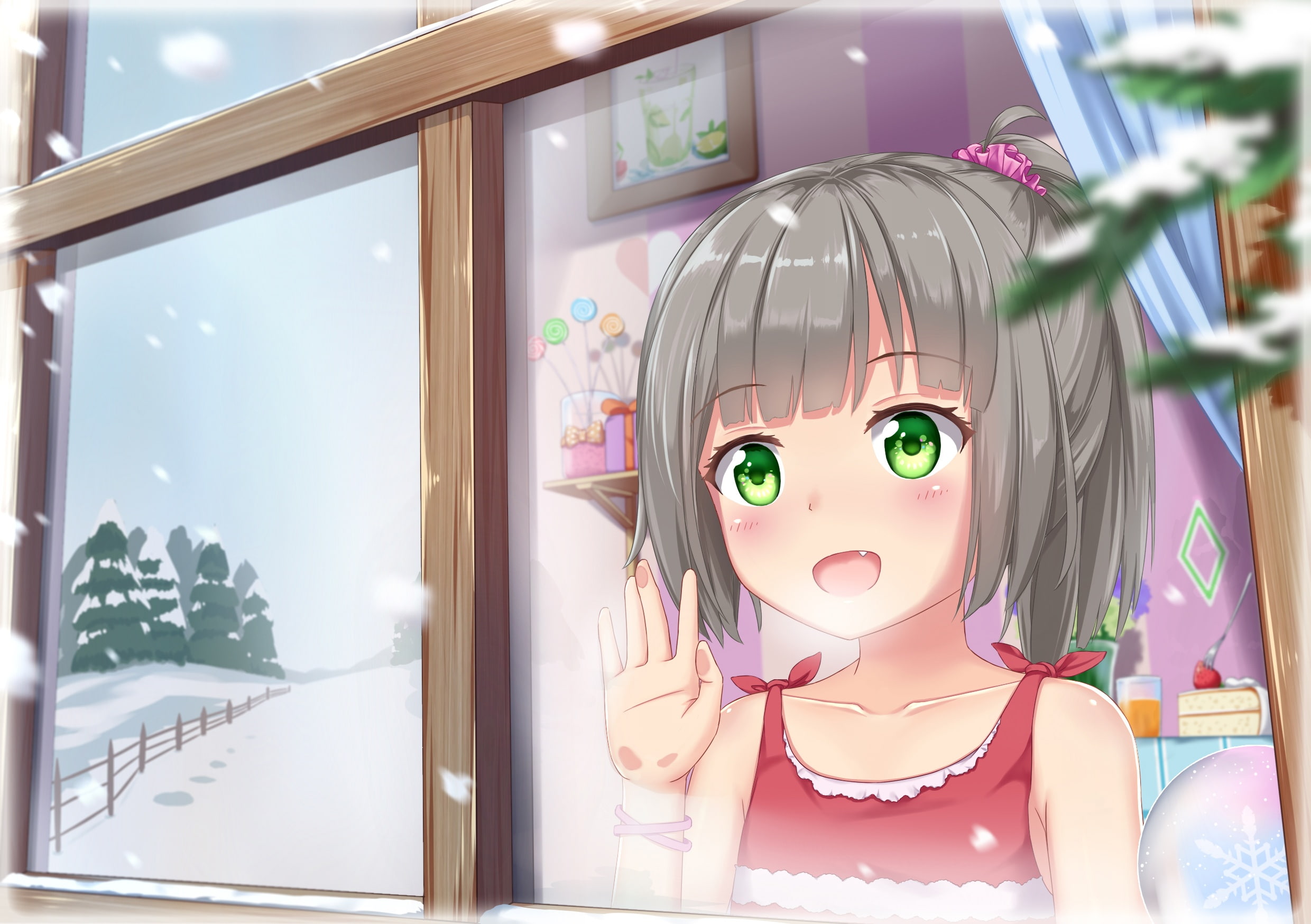 cake, original, gray, ponytail, hair, food, eyes, konachan, abwan, snow, tree, com, blush, loli, 1080P, drink, fang, green, 237106, short, HD Wallpaper