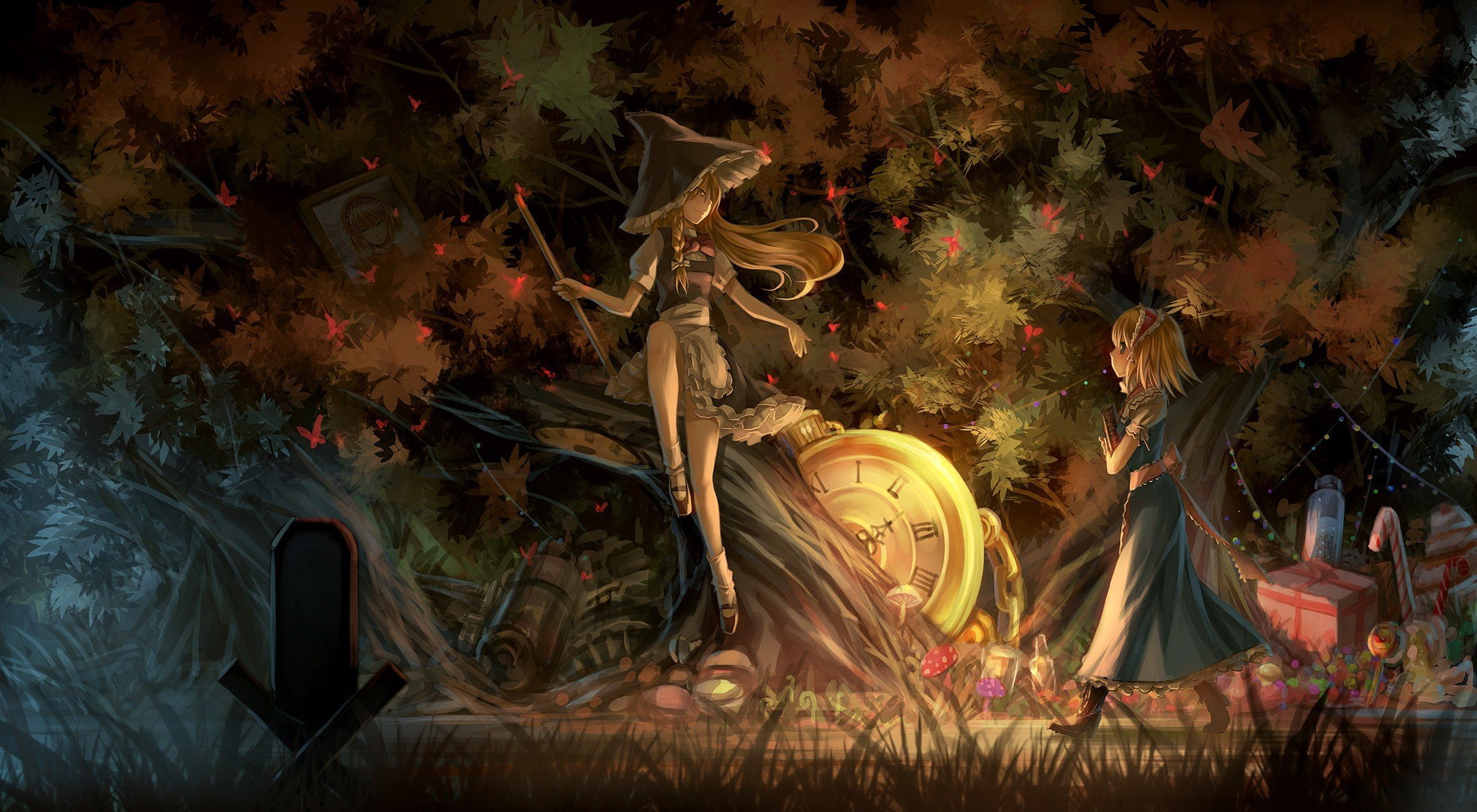 dress, profile, 1080P, anime, video, margatroid, forests, sitting, boots, blondes, eyes, alice, black, hats, aprons, yellow, trees, touhou, bows, marisa, HD Wallpaper