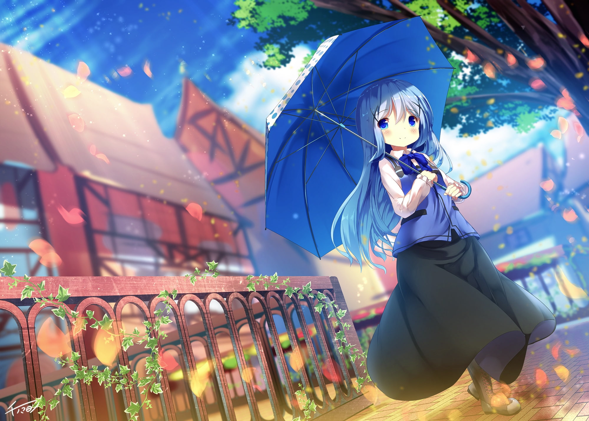 desu, signed, gochuumon, tree, com, hair, blue, chinomaron, usagi, blush, kafuu, 1080P, chino, clouds, bow, long, petals, ka-, 248311, eyes, boots, umbrella, HD Wallpaper
