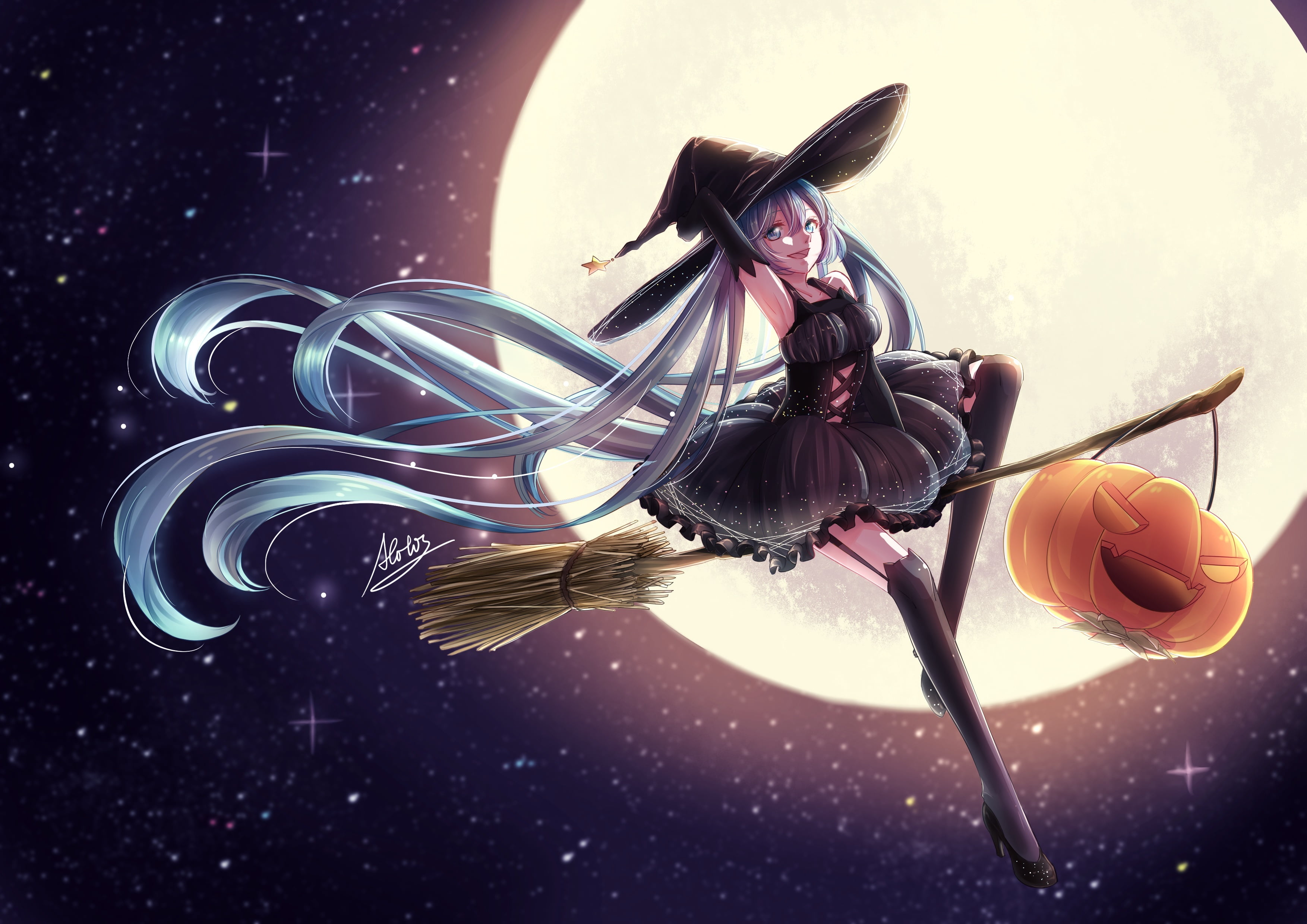 the sky, the moon, halloween, pumpkin, indoors, anime, hat, costume, fragility, table, vulnerability, holding, creativity, 2K, vocaloid, digital composite, HD Wallpaper