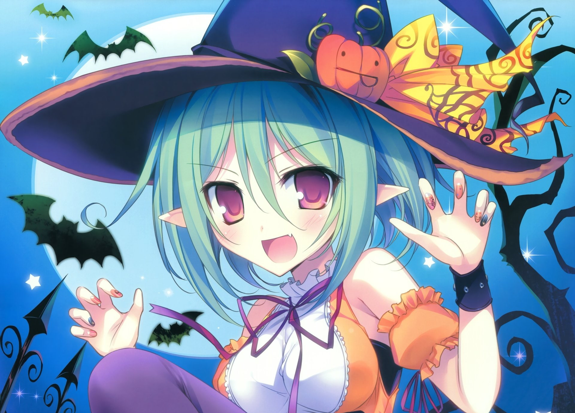Red Eyes, Green Hair, Hat, Short Hair, Bat, Smile, bow (Clothing), Anime, Original, Blush, 1080P, Pointed Ears, Pumpkin, HD Wallpaper
