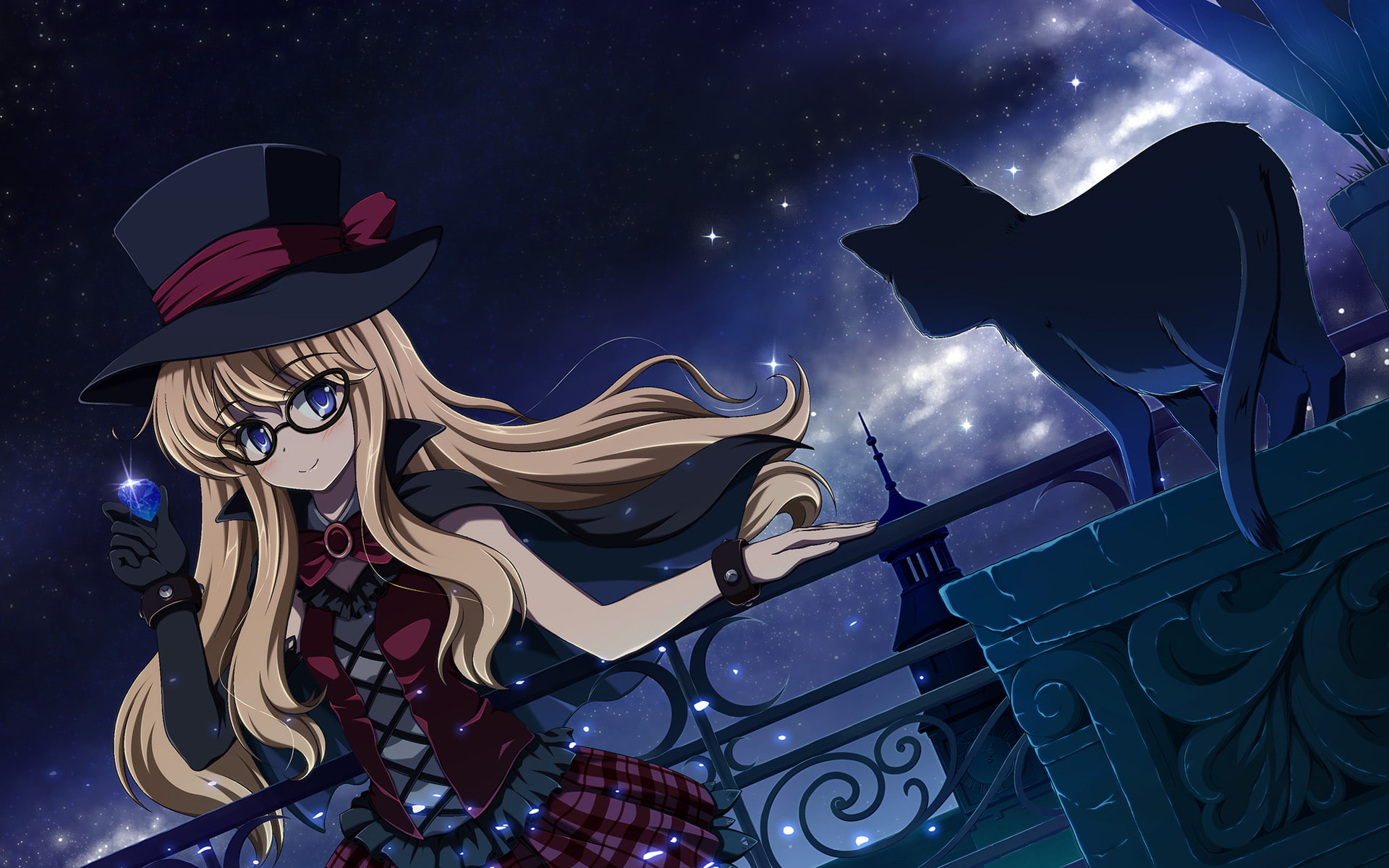 hat, 1080P, glasses, eyes, gloves, hair, max, blonde, bow, blush, night, cat, blue, long, animal, stars, dress, sky, vfenster, HD Wallpaper
