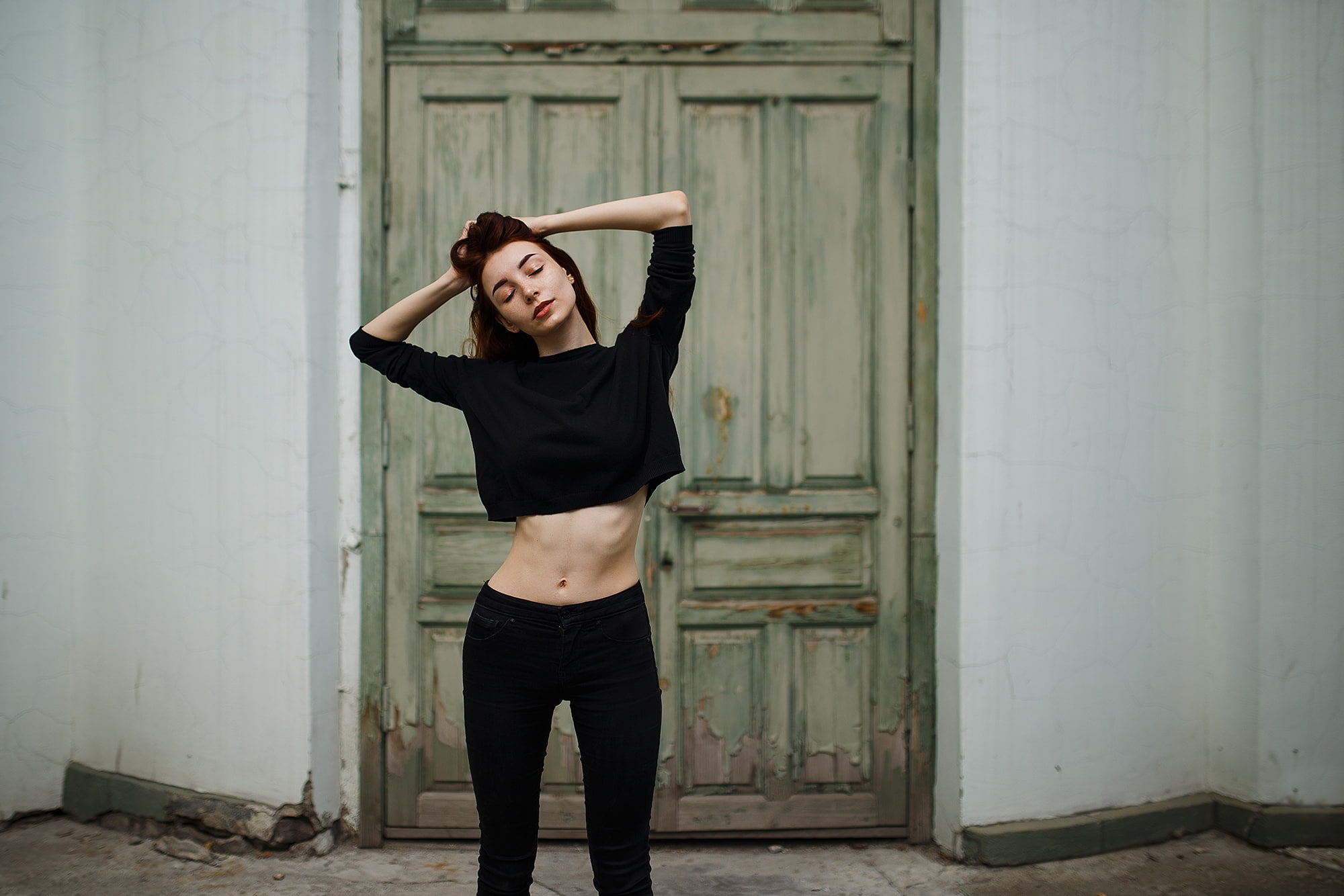 1080P, women, closed eyes, jeans, ribs, hands on head, belly, black clothing, HD Wallpaper