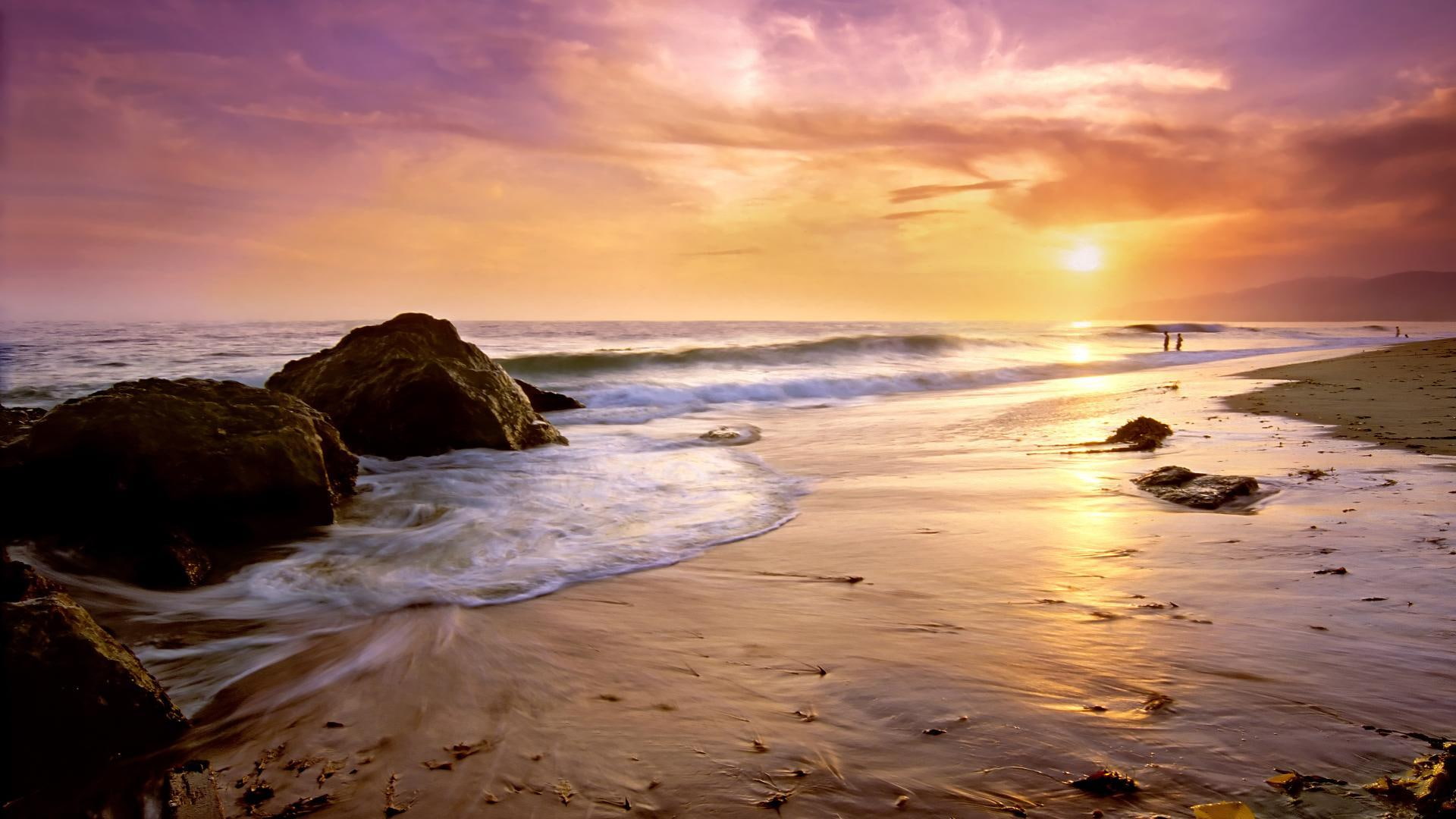 beach, sand, ocean, orange, yellow, sunset, purple, zuma, 1080P, waves, nature, clou, rocks, california, water, HD Wallpaper