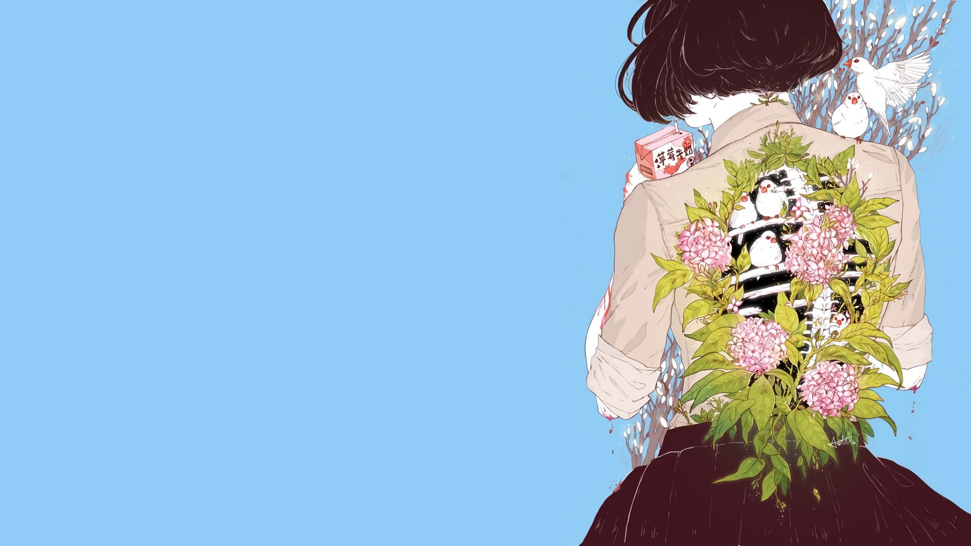 1080P, women, flowers, juice, birds, colorful, ribs, HD Wallpaper