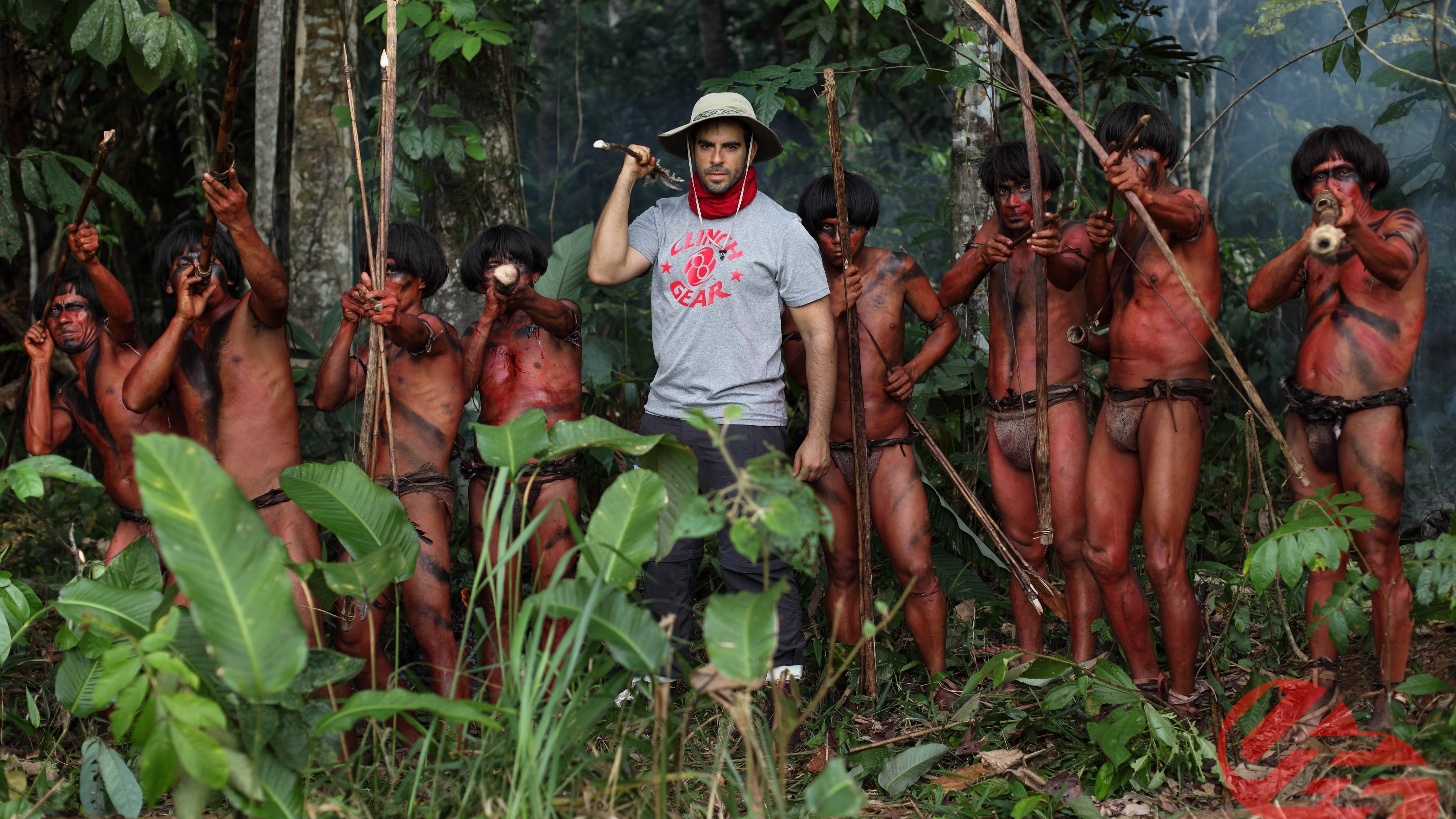 gray, shirt, forest, inside, deep, camera, cannibal, daytime, holding, handmade, native, weapons, together, man, aiming, 5K, Eli Roth, tribe, The Green, HD Wallpaper