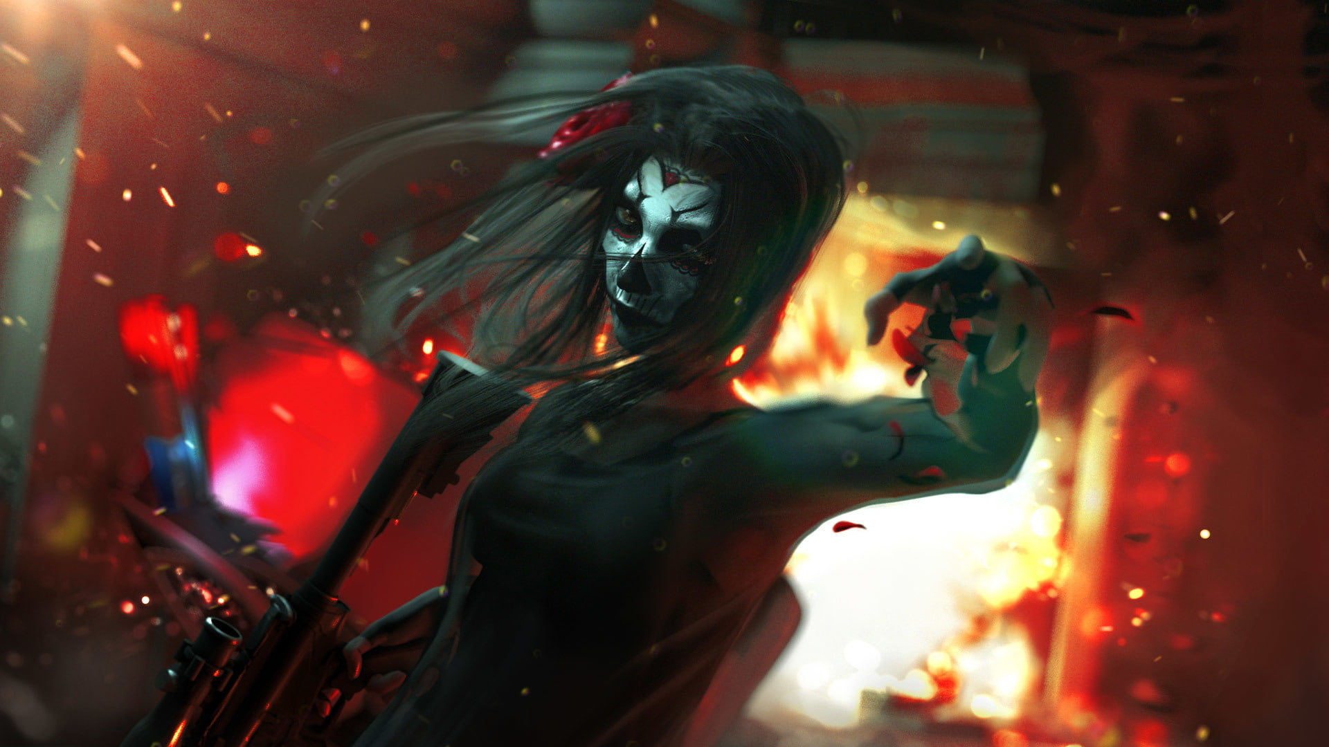 art, killer, girl, Day of the Dead, the explosion, face, skull, machine, 1080P, HD Wallpaper