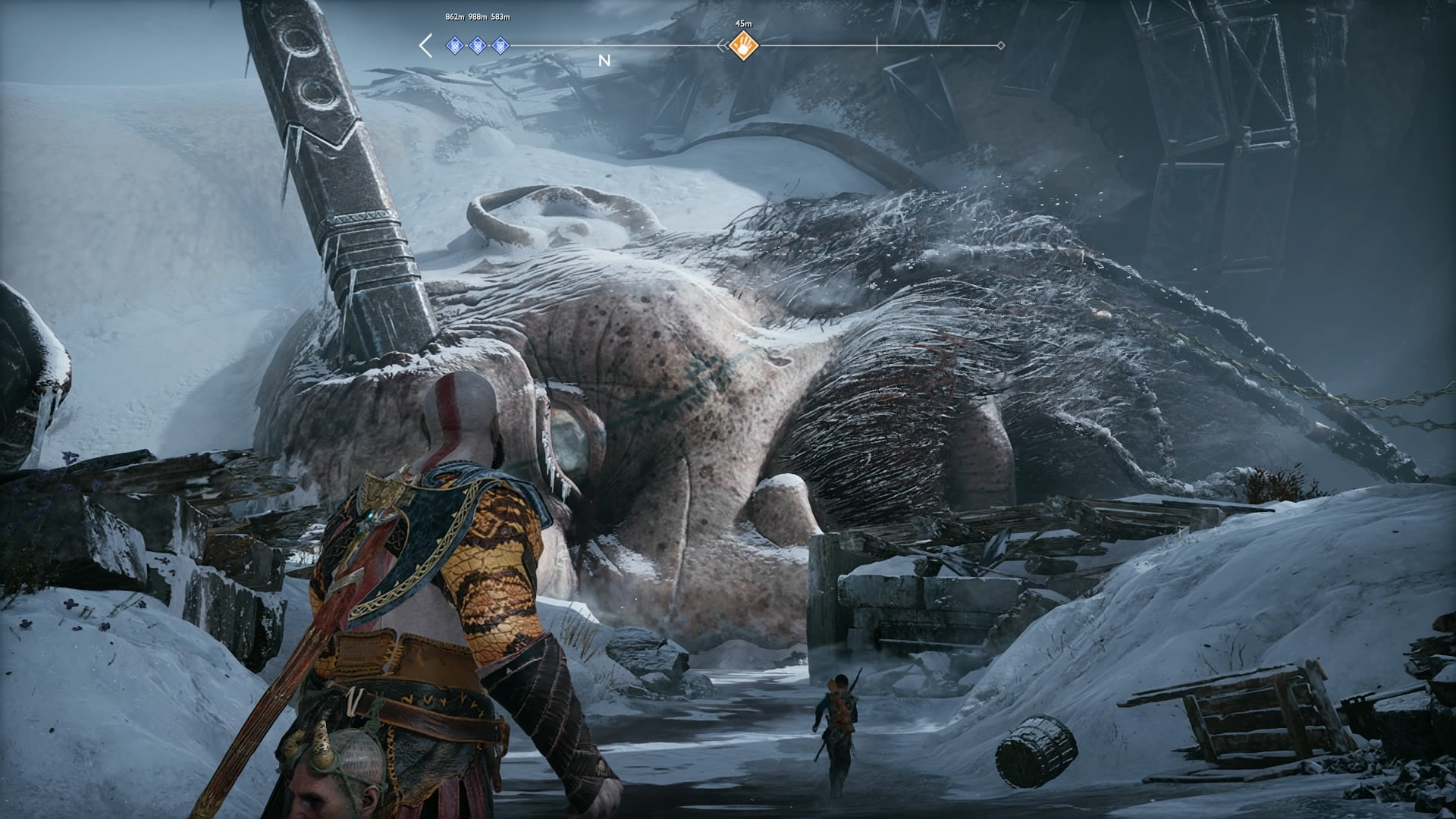 architecture, industry, real people, built structure, Kratos, outdoors, 1080P, snowcapped mountain, Atreus, one person, God of War, God of War (2018), HD Wallpaper