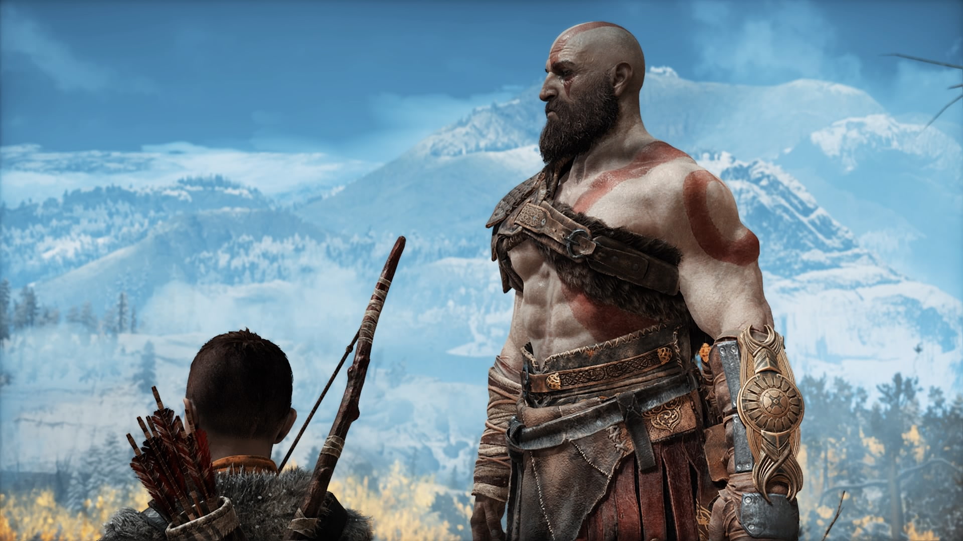 holding, Kratos, real people, traditional clothing, outdoors, facial hair, sword, 1080P, beard, Atreus, architecture, weapon, God of War, history, one person, HD Wallpaper
