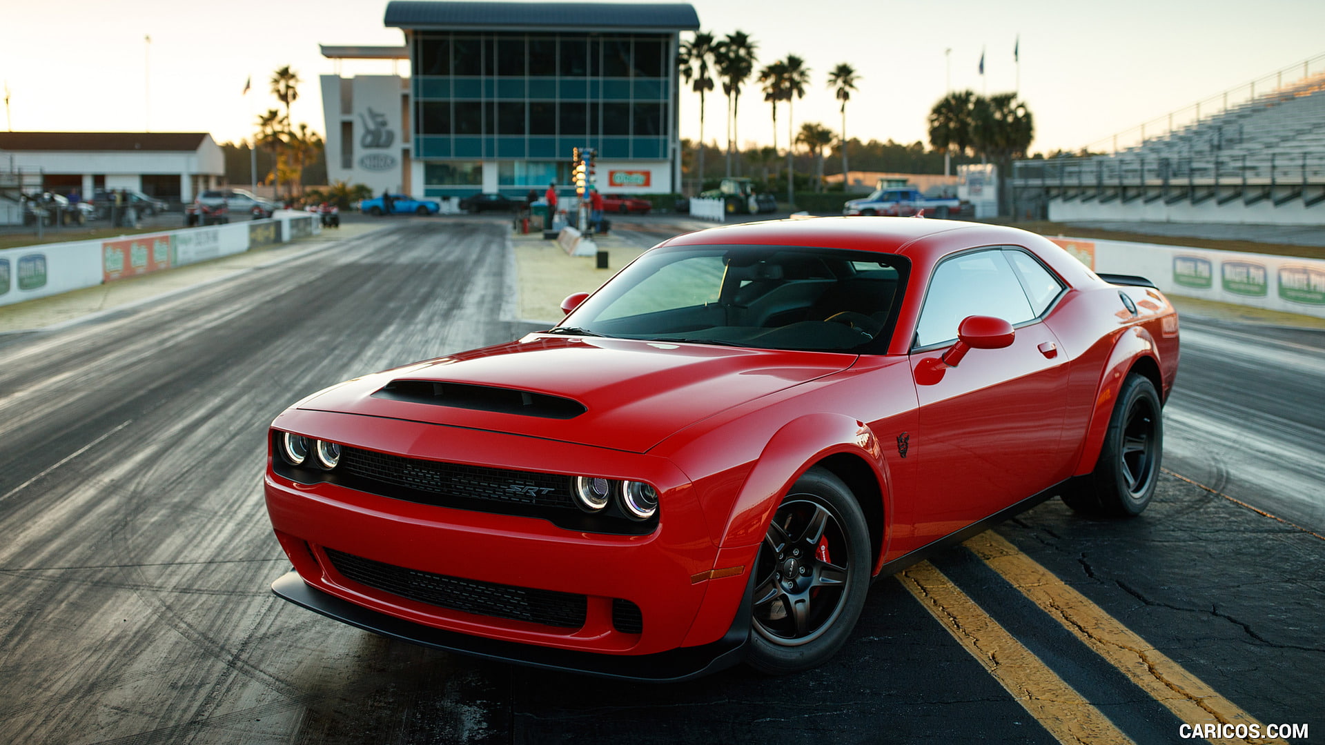car, 1080P, luxury, srt, city street, mode of transportation, 2018, transportation, challenger, building exterior, sports car, motion, road, day, on the move, HD Wallpaper
