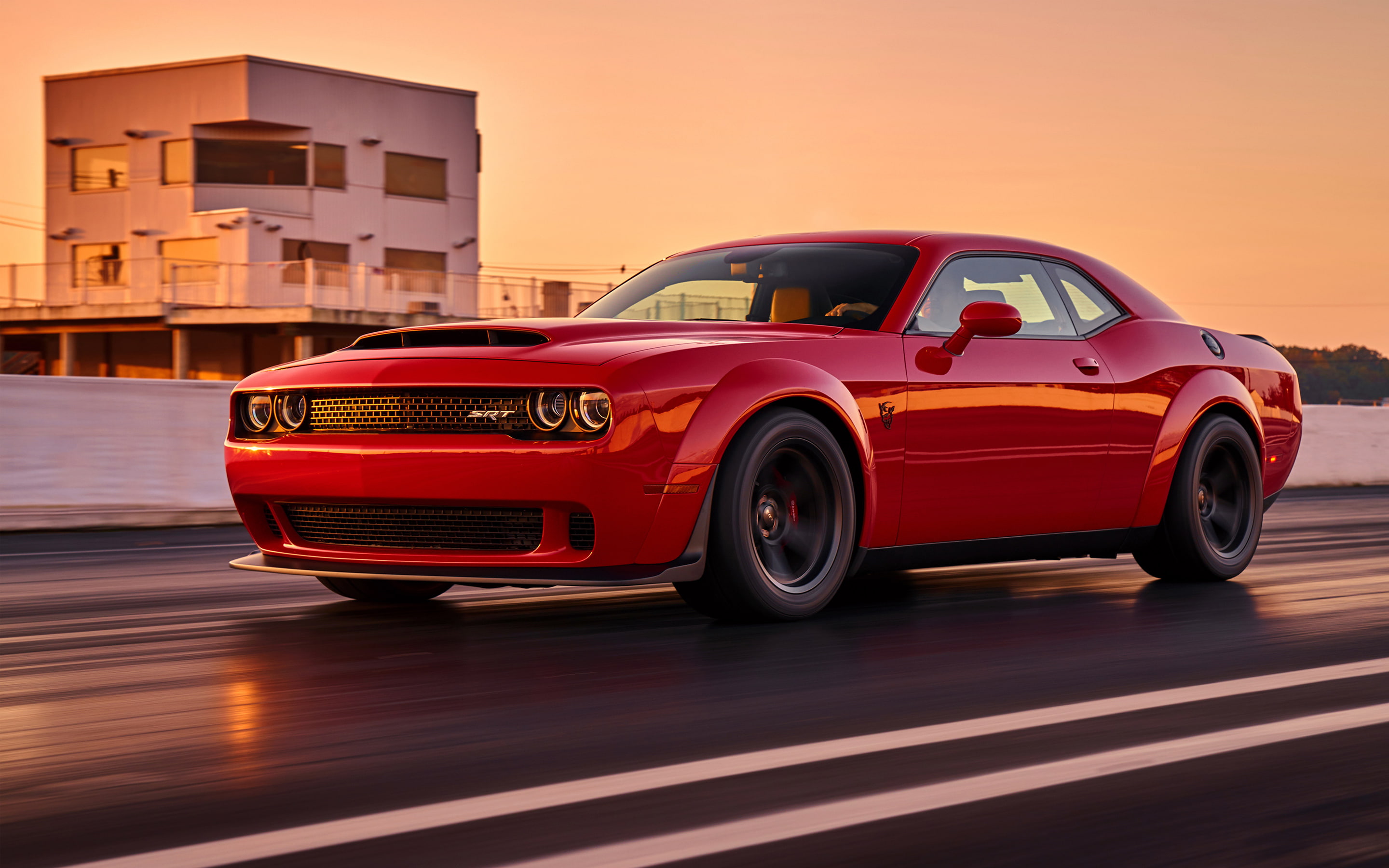 sports car, Dodge, built structure, Challenger, vintage car, wheel, speed, SRT, mode of transportation, motion, land vehicle, 2K, retro styled, sunset, HD Wallpaper