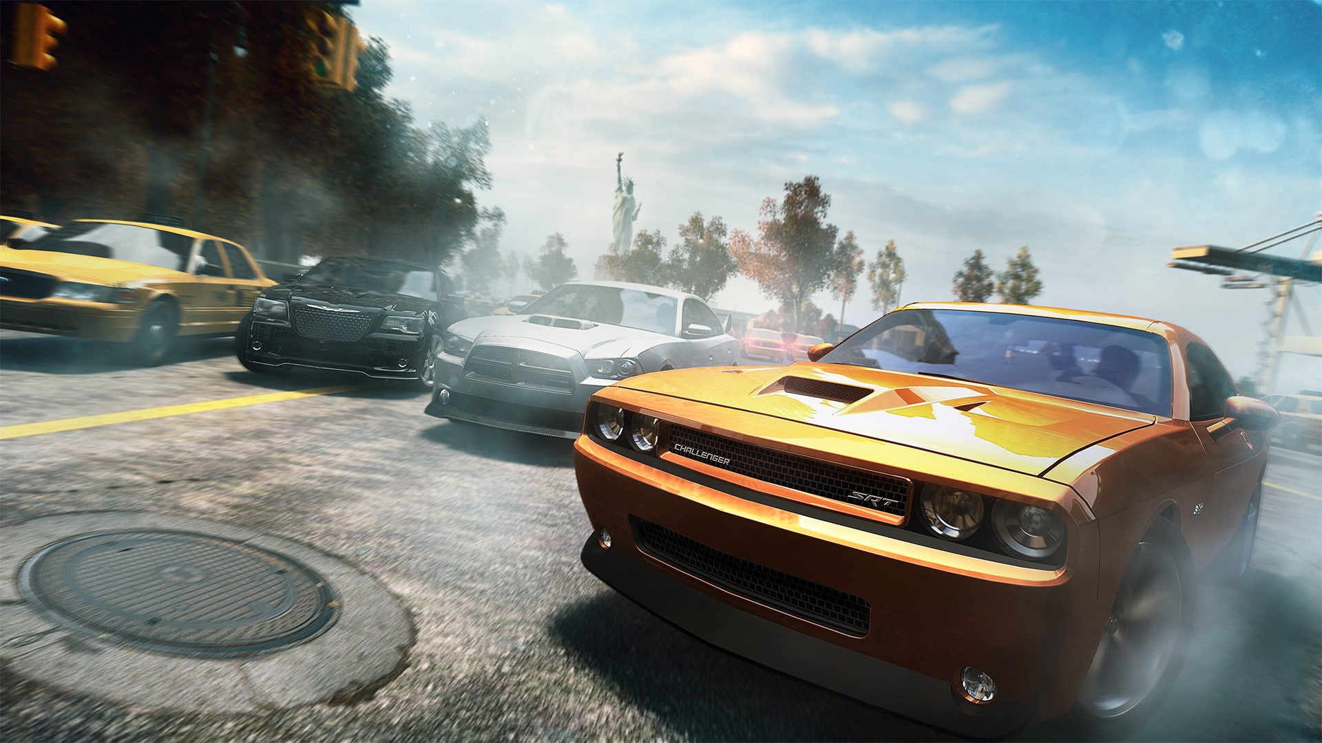 motor vehicle, car, city, Ubisoft, sunlight, yellow taxi, cloud - sky, mode of transportation, motion, street, sky, yellow, road, land vehicle, 1080P, HD Wallpaper