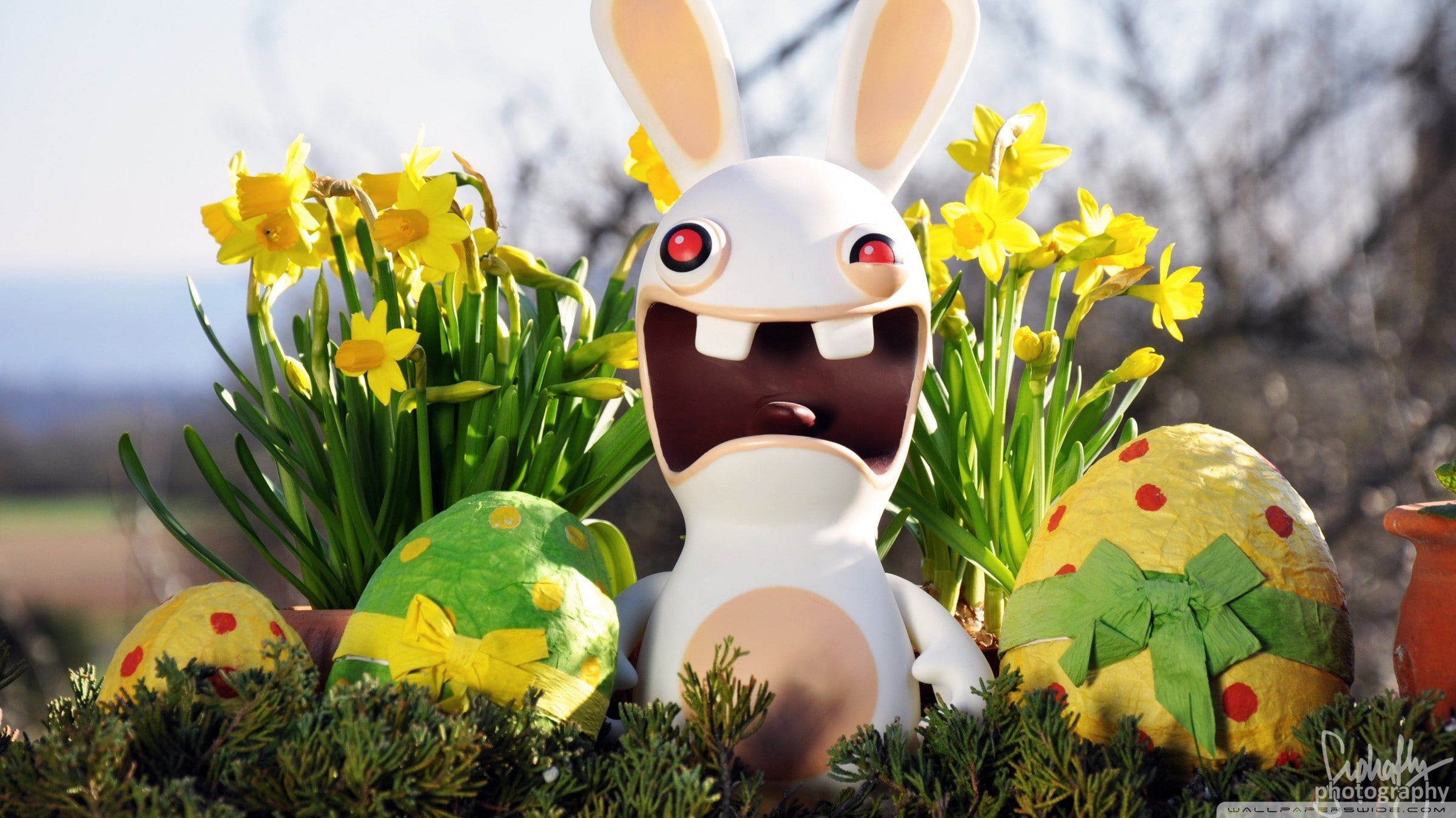 creativity, art and craft, Rabbids, flower, celebration, figurine, flower head, close-up, easter egg, representation, 1080P, easter, outdoors, plant, nature, HD Wallpaper