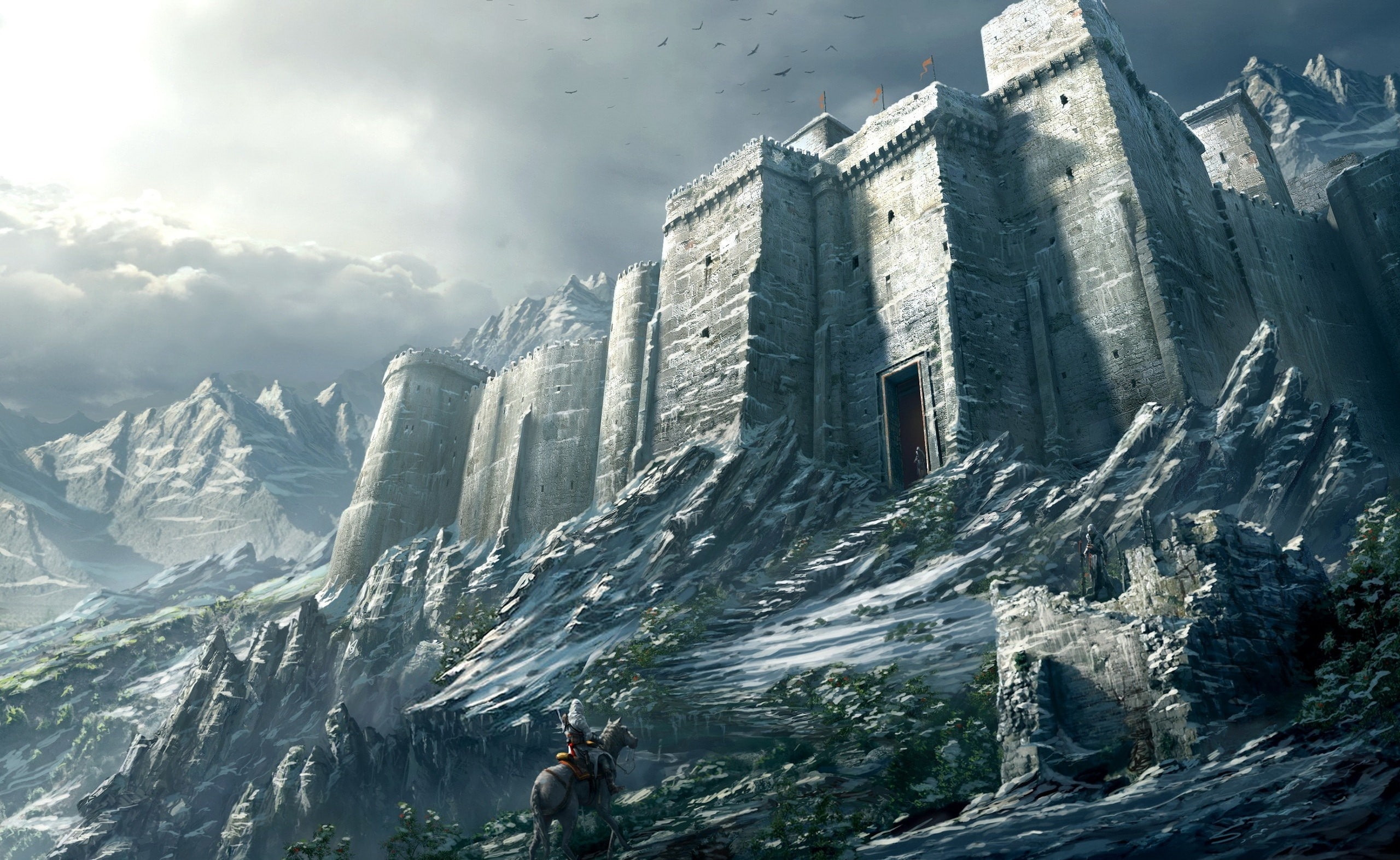 s, snowcapped mountain, built structure, Games, beauty in nature, Assassins Creed, gray, cloud - sky, sky, scenics - nature, winter, illustration, 2K, HD Wallpaper