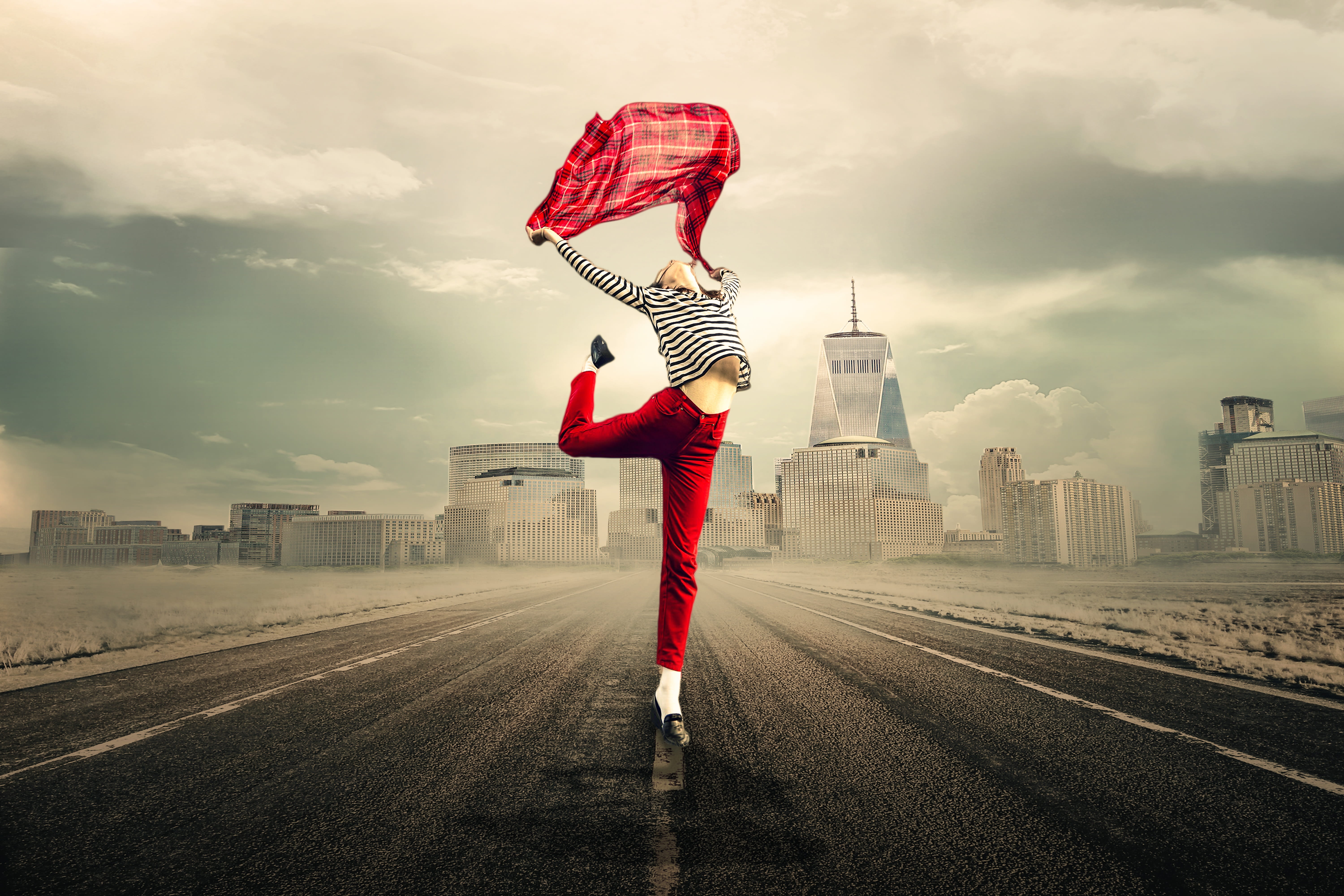 digital composite, liberating leap, black, to be happy, superhero, break, sleeved, dom, one person, office building exterior, s, pants, road, 5K, shirt, HD Wallpaper