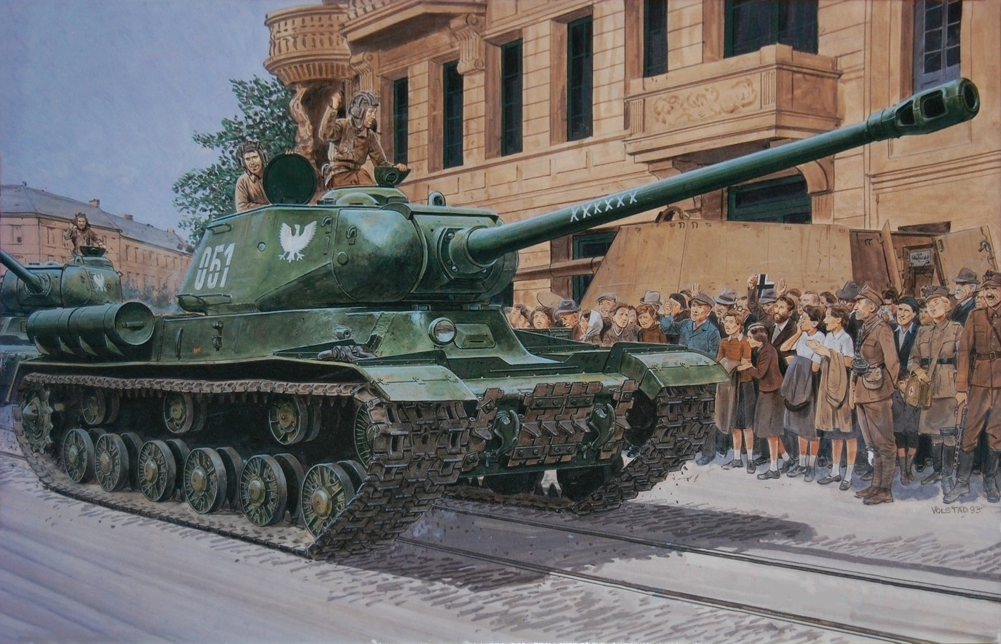 art, road, home, figure, liberators, tankers, people, Soviet, column, The is-2, 1080P, street, heavy, tanks, HD Wallpaper