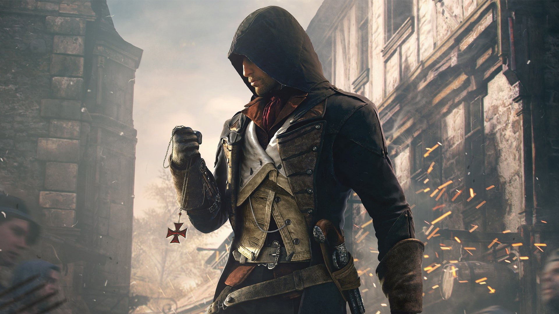 machine gun, communication, real people, backpack, Assassins Creed: Unity, building exterior, 1080P, outdoors, day, building, city, men, occupation, lifestyles, HD Wallpaper