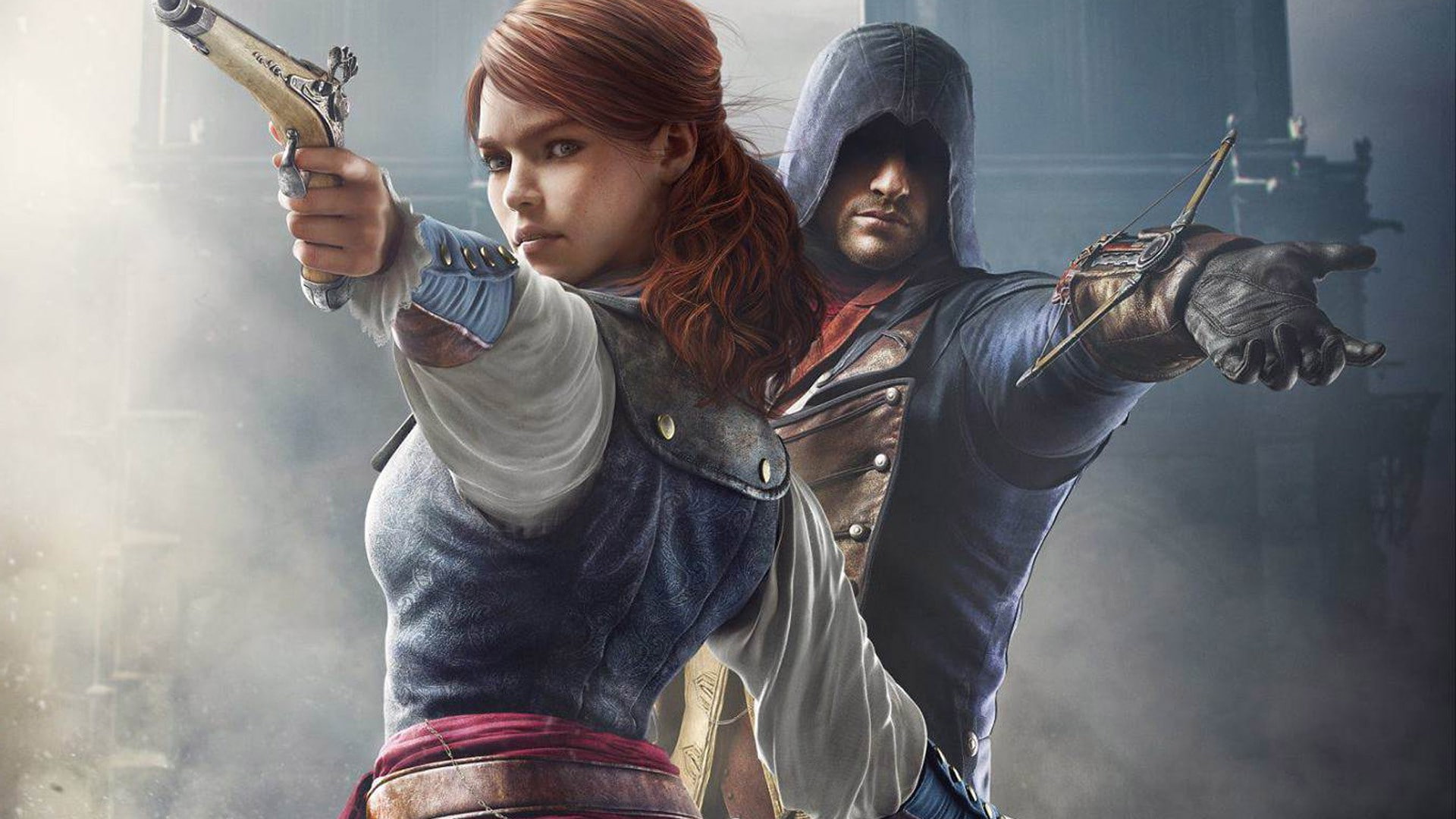 hairstyle, adult, lifestyles, weapon, video games, leather, assassins creed, casual clothing, two people, young women, cool attitude, young adult, Assassins Creed: Unity, HD Wallpaper