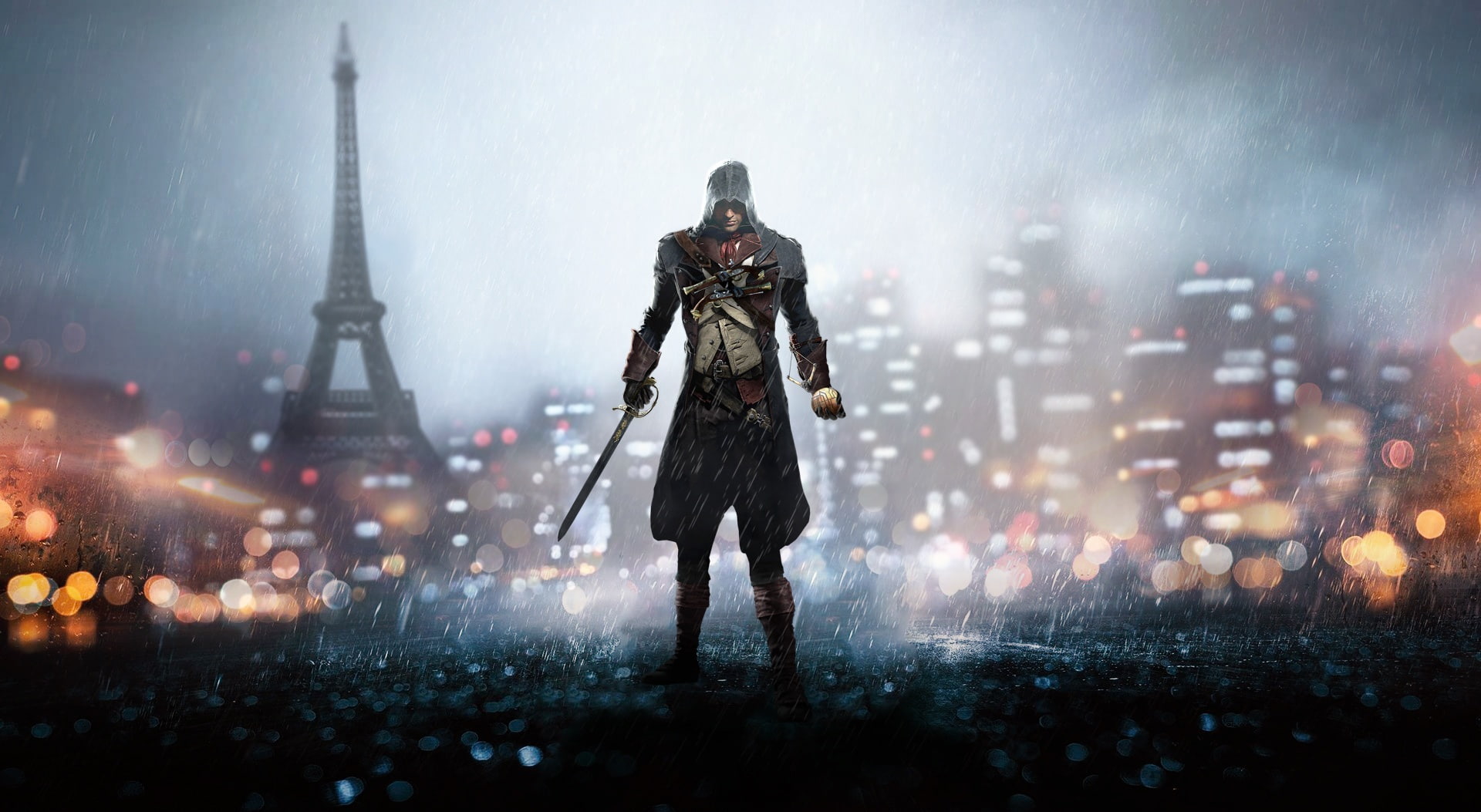 building exterior, videogames, outdoors, assassins creed, protection, architecture, s, rain, city, fog, illuminated, night, ubisoft, Assassins Creed, Games, HD Wallpaper
