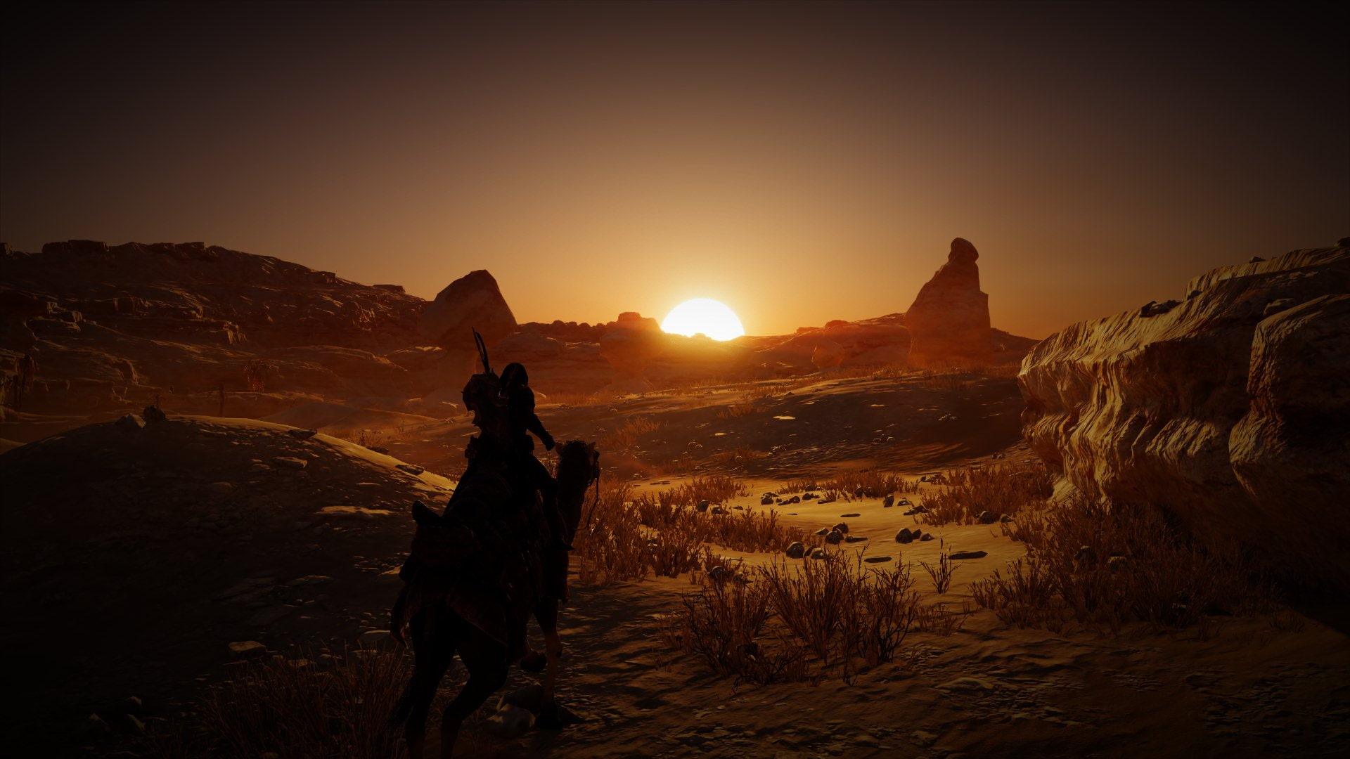 scenics - nature, sun, solid, rock formation, standing, one person, real people, Assassins Creed, outdoors, Assassins creed Origins, Bayek, rock - object, HD Wallpaper