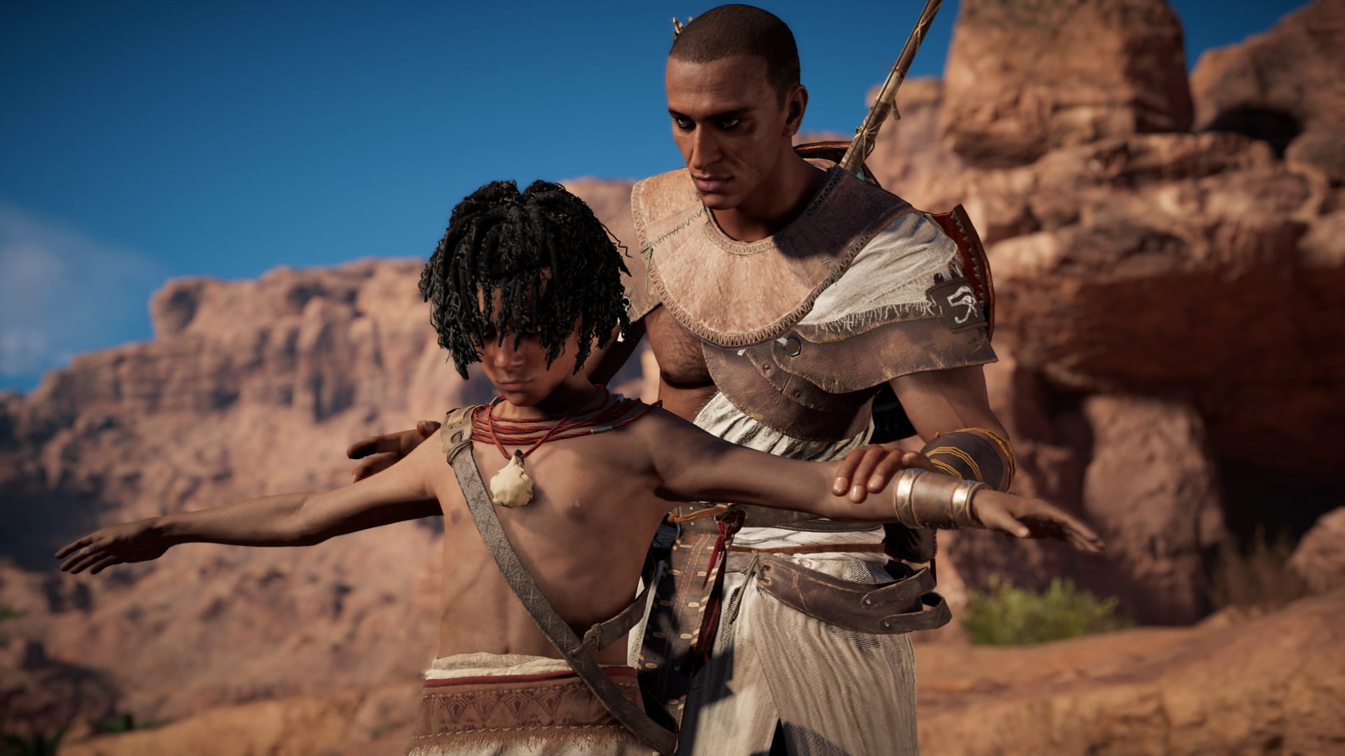 son, Assassins Creed: Origins, young men, land, leisure activity, father, 1080P, rock - object, lifestyles, solid, people, nature, family, RPG, two people, HD Wallpaper