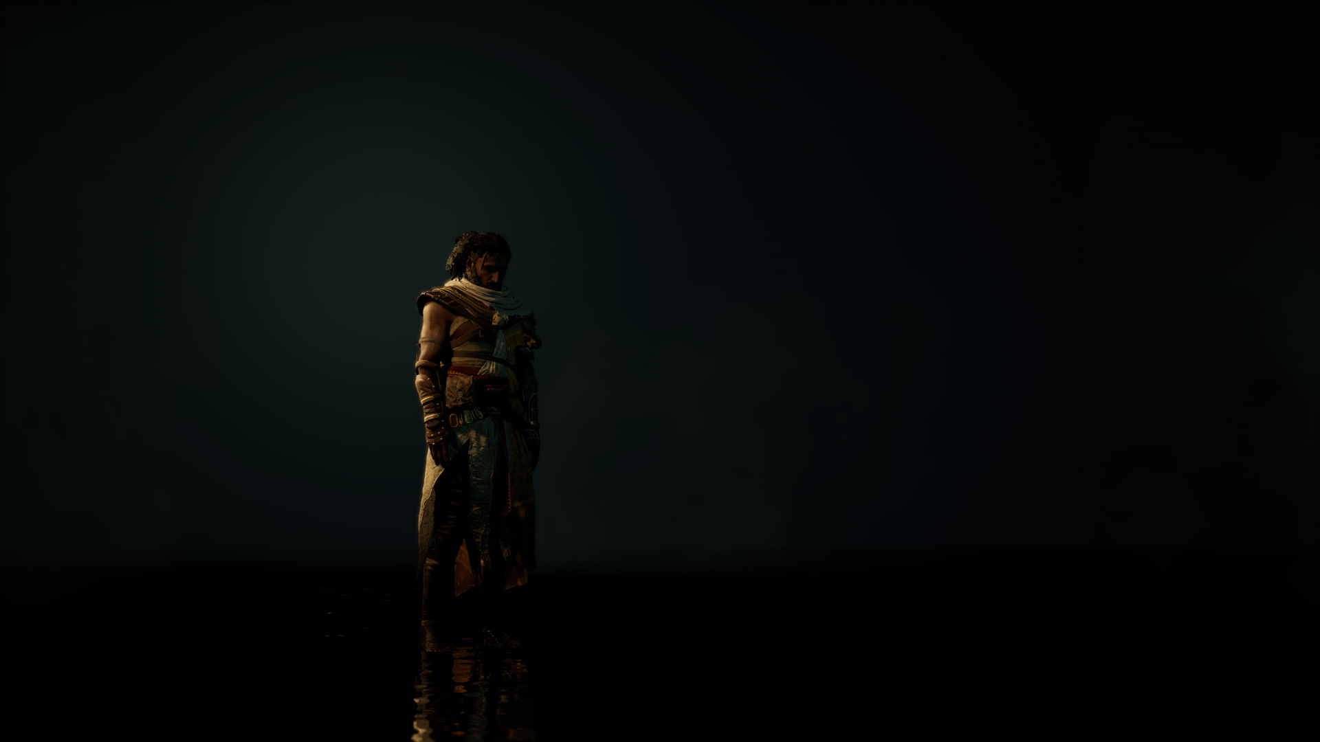statue, dark, art and craft, contemplation, sculpture, mystery, representation, Assassins Creed: Origins, adult, Bayek, black background, 1080P, Ubisoft, HD Wallpaper