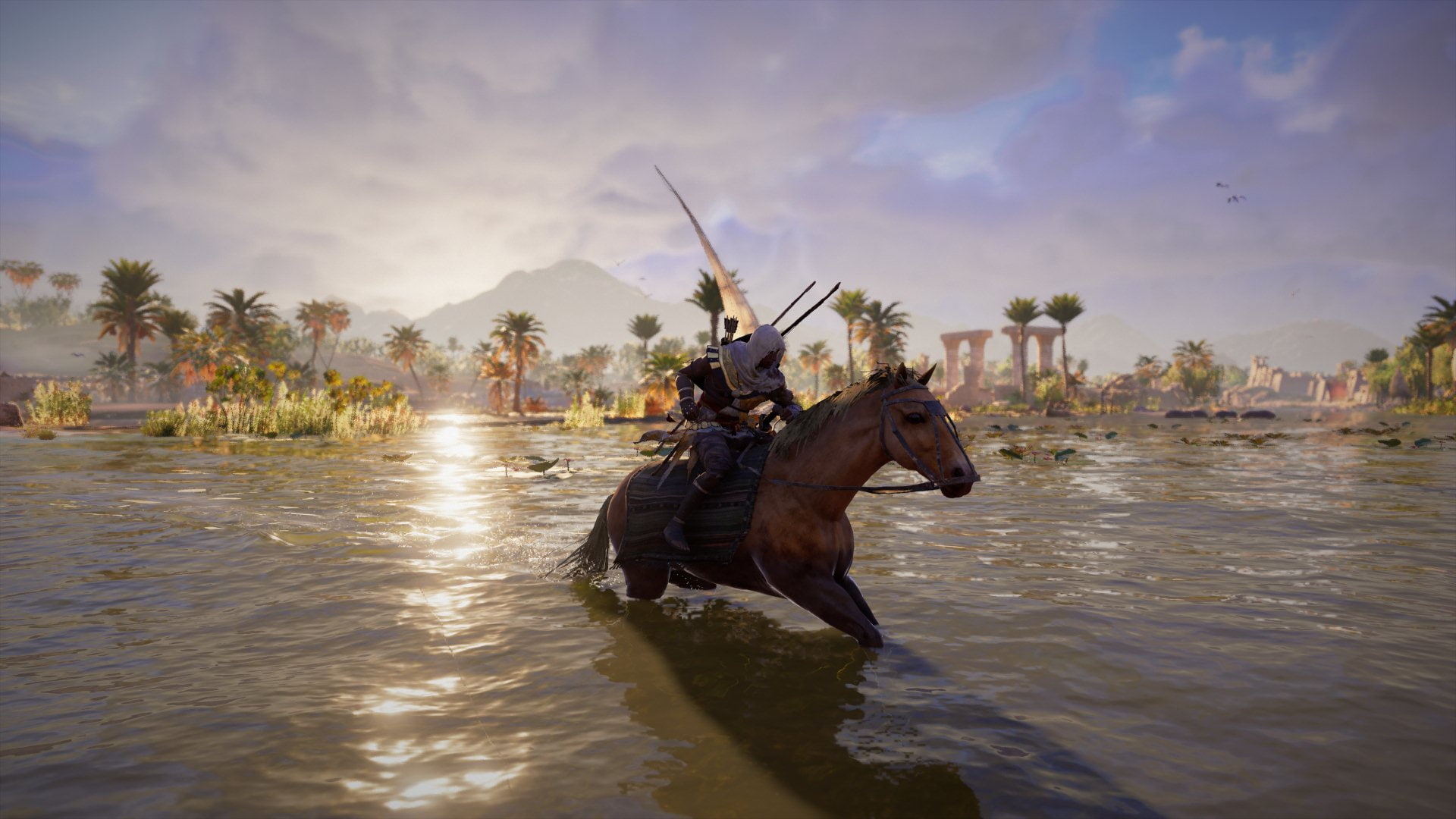 mammal, waterfront, domestic animals, Assassins Creed, nature, 1080P, day, cloud - sky, real people, plant, lifestyles, Assassins creed Origins, outdoors, HD Wallpaper