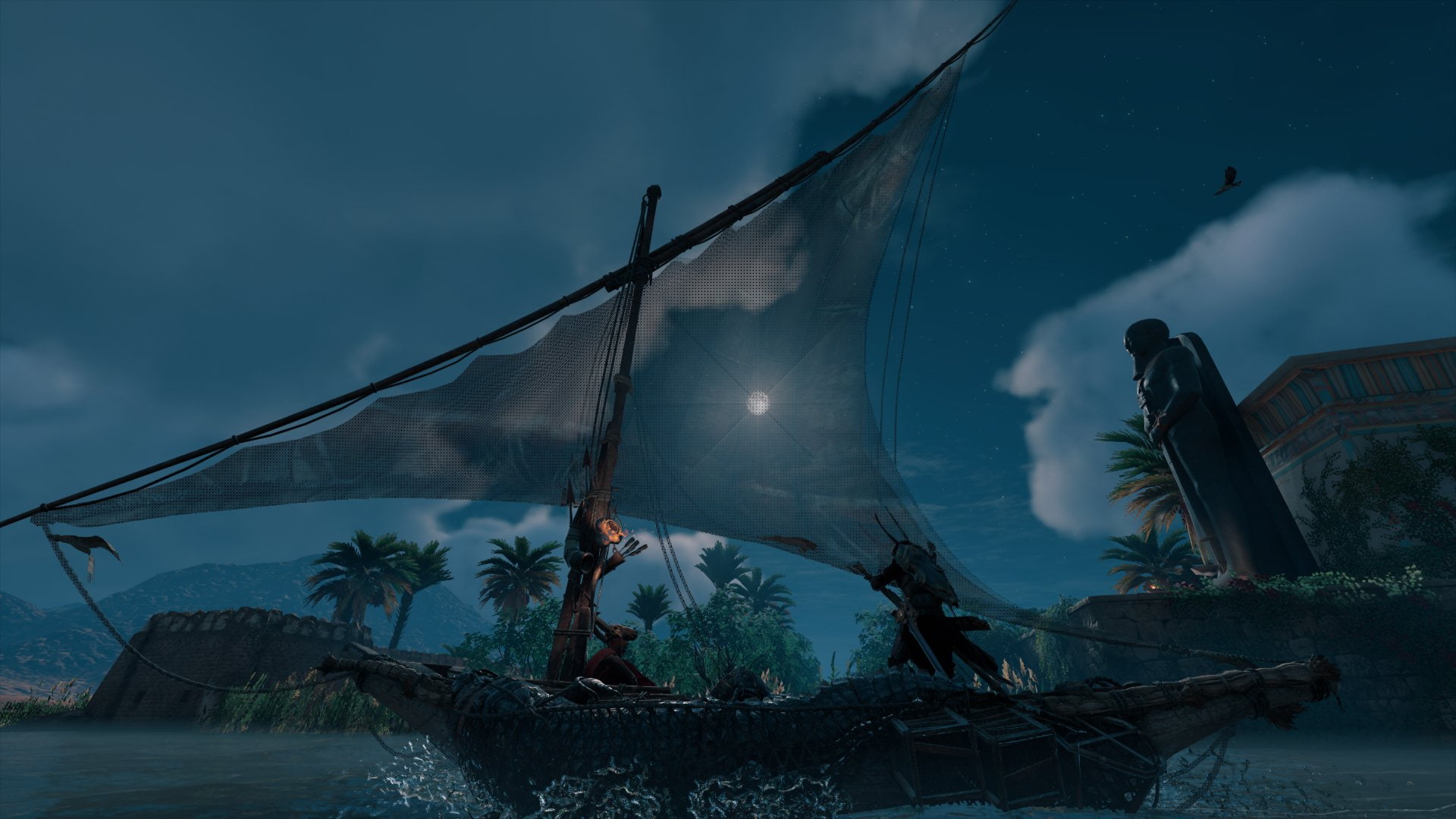 tree, fog, dusk, plant, ship, 1080P, sky, cloud - sky, Assassins creed Origins, sailboat, Assassins Creed: Origins, nautical vessel, mode of transportation, HD Wallpaper