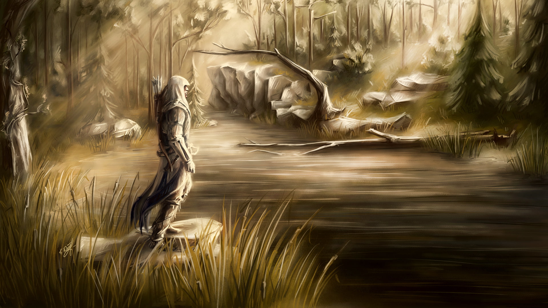 Assassins Creed 3, assassin, 1080P, s, Connor Kenway, the suns rays, game, creed, art, forest, stream, HD Wallpaper