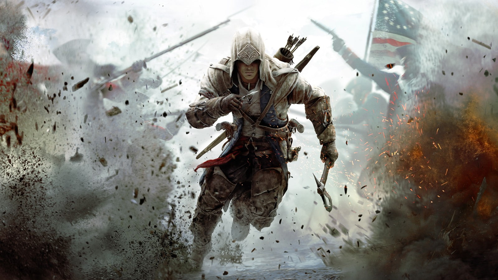 one person, day, cold temperature, holding, outdoors, adventure, assassins creed connor kenway, joy, winter, adult, motion, sky, nature, water, snow, 720P, HD Wallpaper