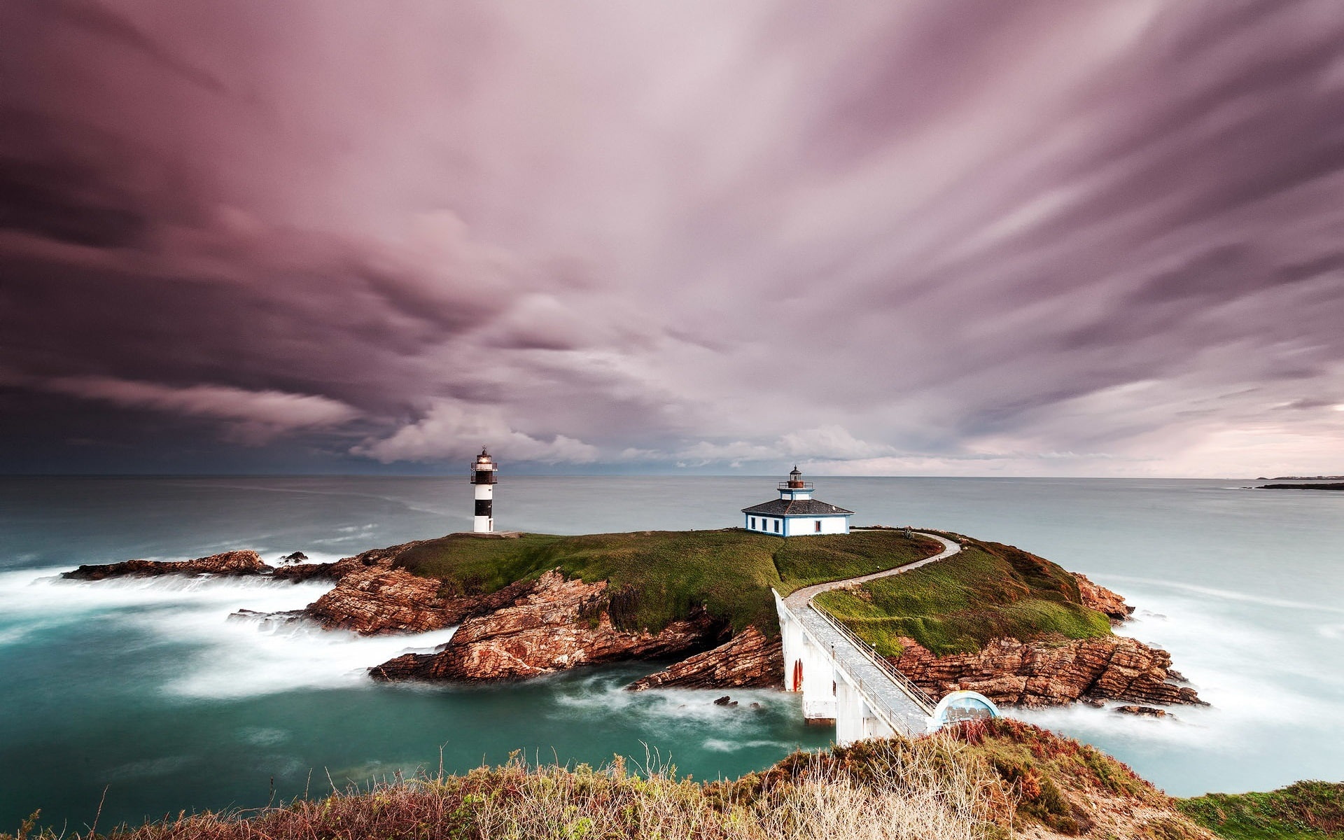 Coast, Dusk, Spain, 1080P, Island, Lighthouse, Sea, Clouds, HD Wallpaper