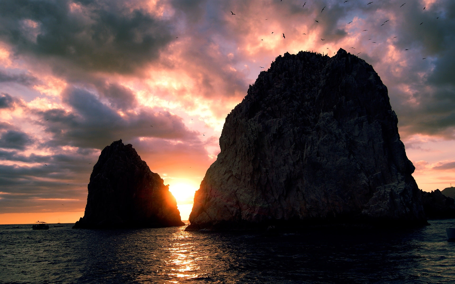 Cliff, Island, Coast, Sea, Clouds, Sunset, Birds, 1080P, Sky, HD Wallpaper