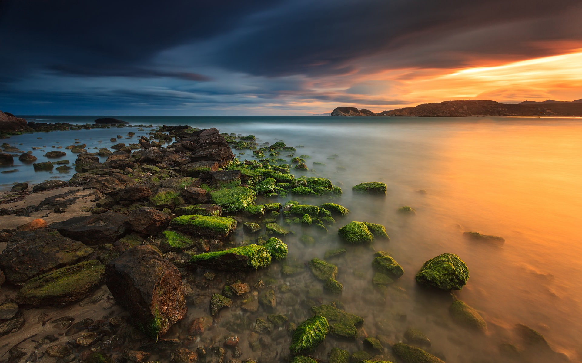 Evening, Sunset, Stones, Spain, Sea, surrounded, Sky, photo, Clouds, water, island, 1080P, HD Wallpaper